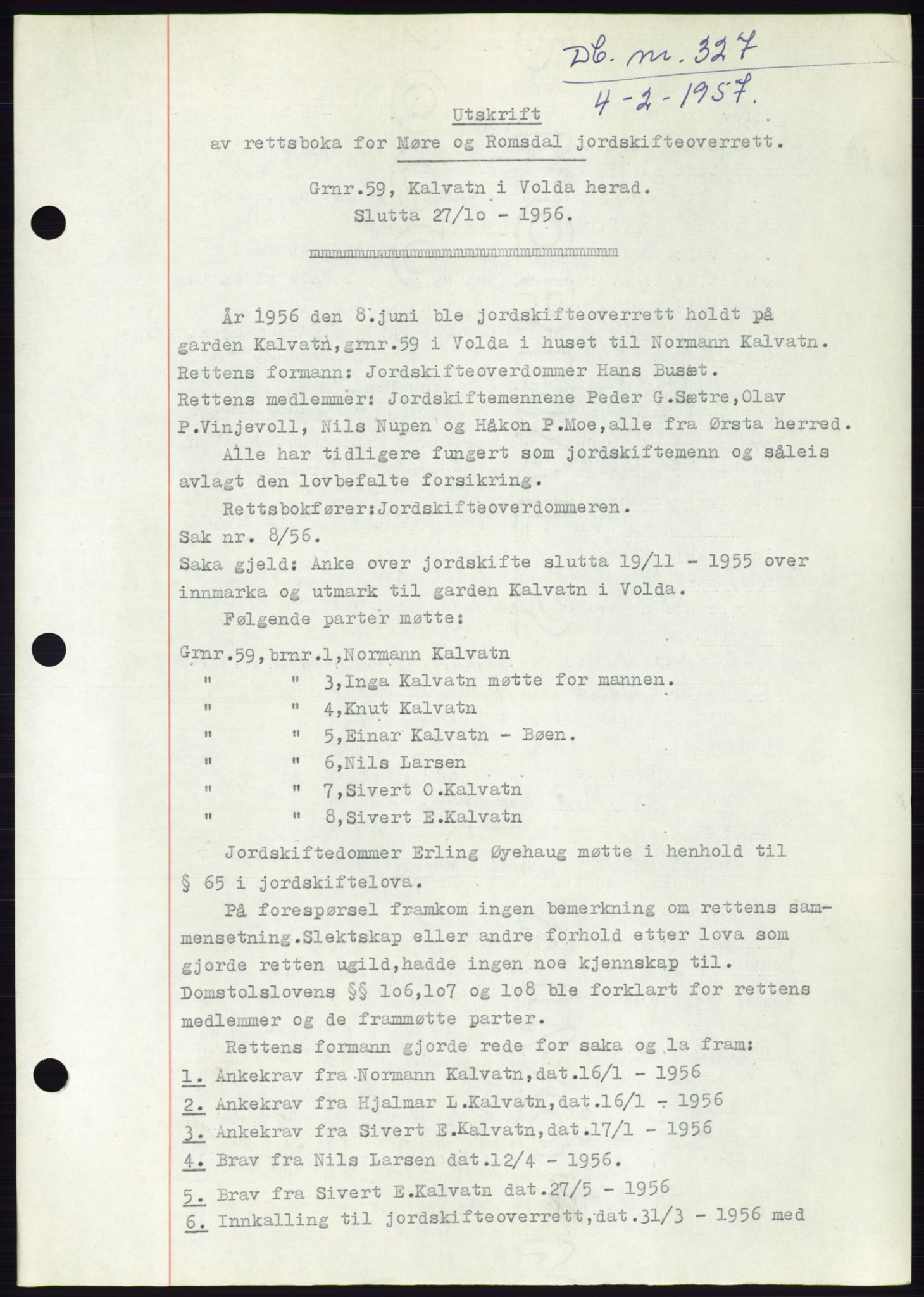 Søre Sunnmøre sorenskriveri, AV/SAT-A-4122/1/2/2C/L0105: Mortgage book no. 31A, 1956-1957, Diary no: : 327/1957