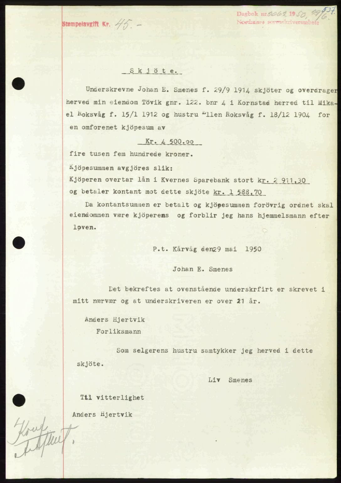 Nordmøre sorenskriveri, AV/SAT-A-4132/1/2/2Ca: Mortgage book no. A115, 1950-1950, Diary no: : 2062/1950