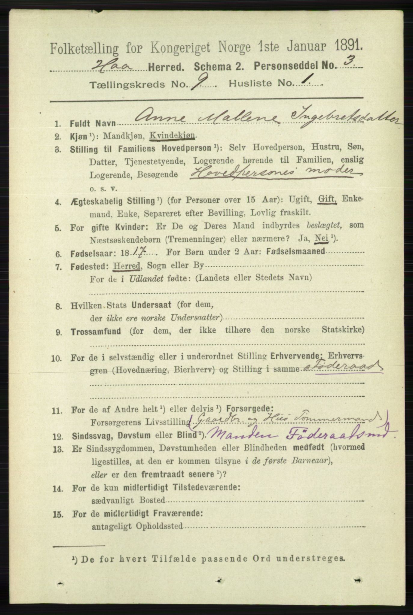 RA, 1891 census for 1119 Hå, 1891, p. 2197