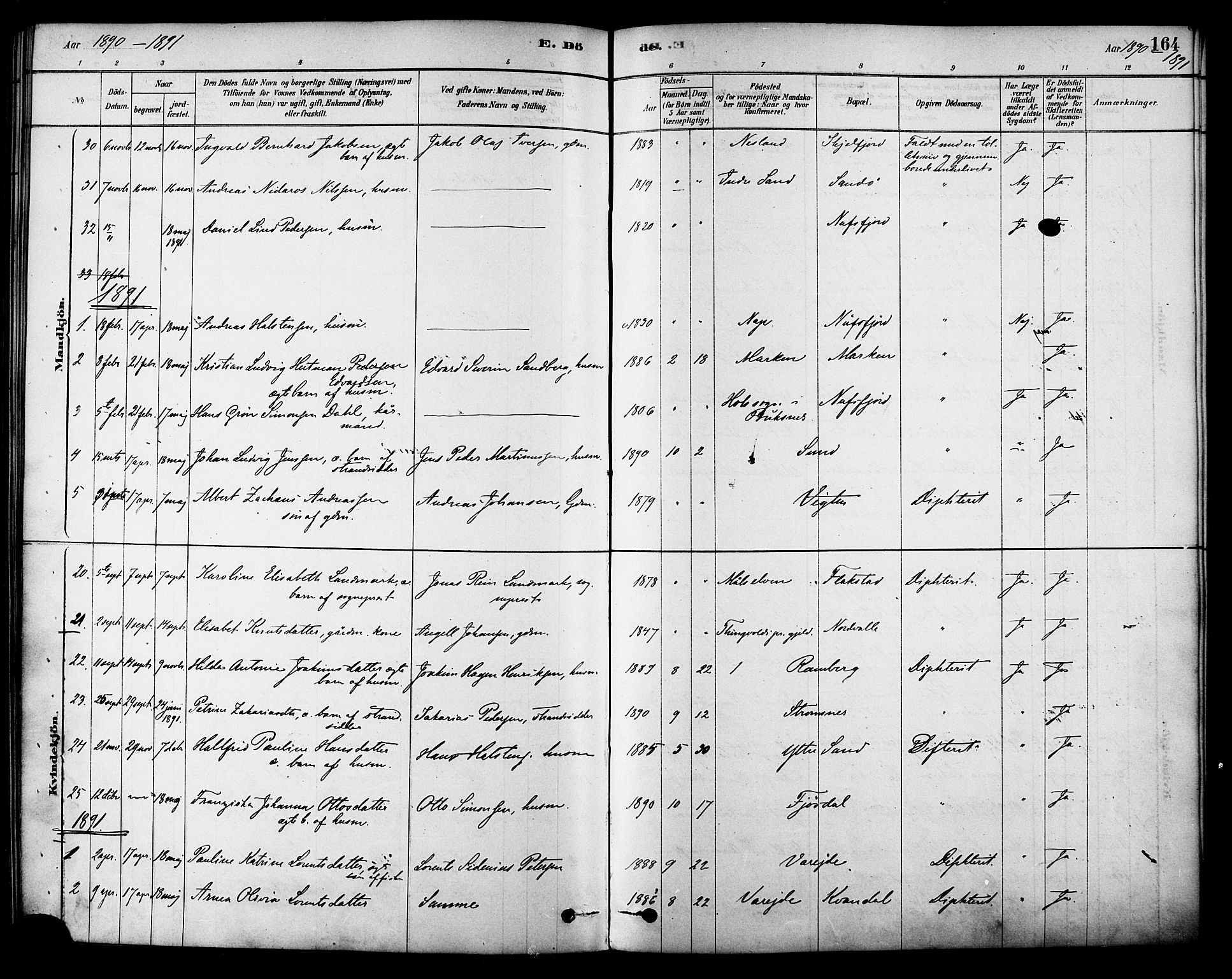 Ministerialprotokoller, klokkerbøker og fødselsregistre - Nordland, SAT/A-1459/885/L1204: Parish register (official) no. 885A05, 1878-1892, p. 164