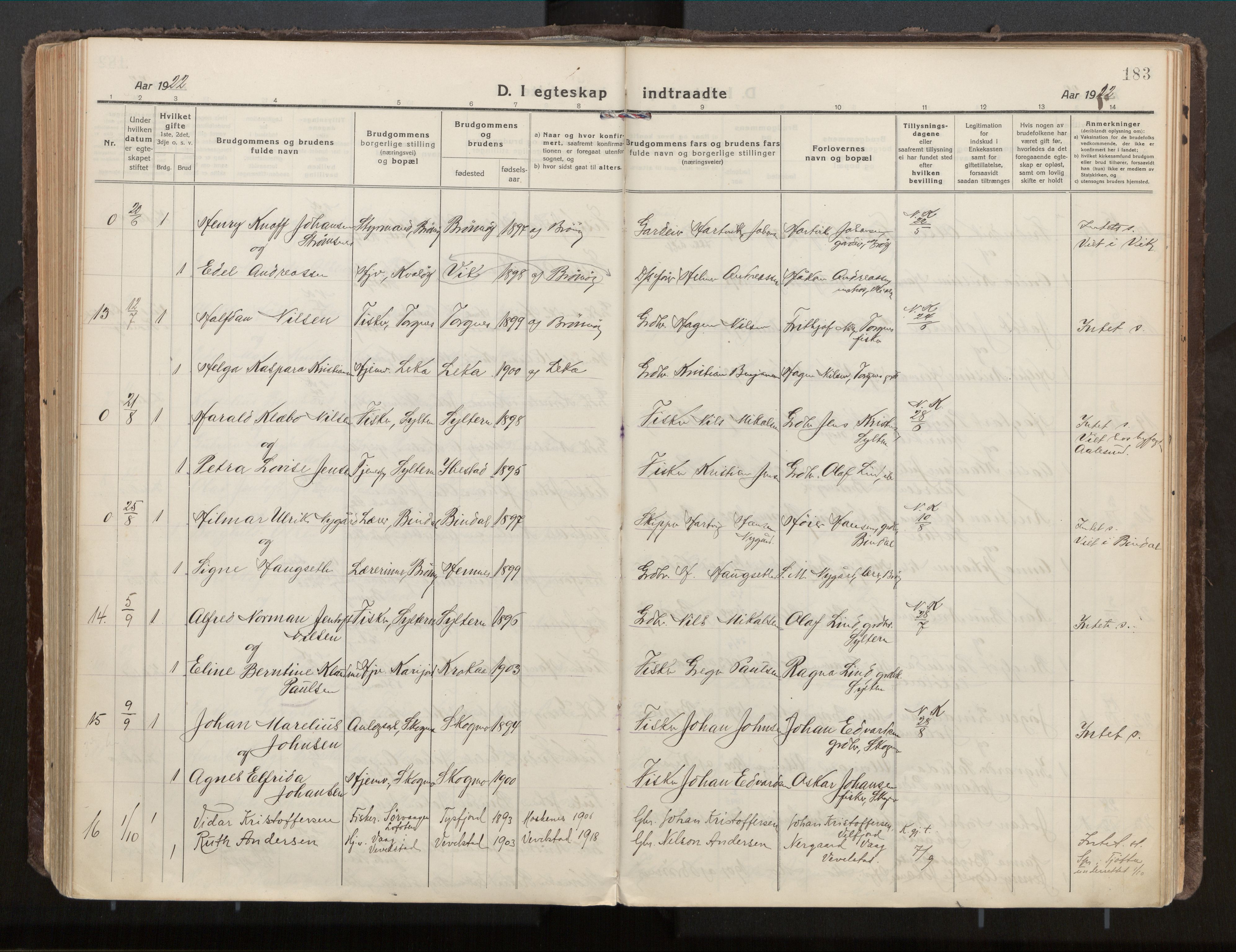 Ministerialprotokoller, klokkerbøker og fødselsregistre - Nordland, AV/SAT-A-1459/813/L0207a: Parish register (official) no. 813A18, 1919-1927, p. 183