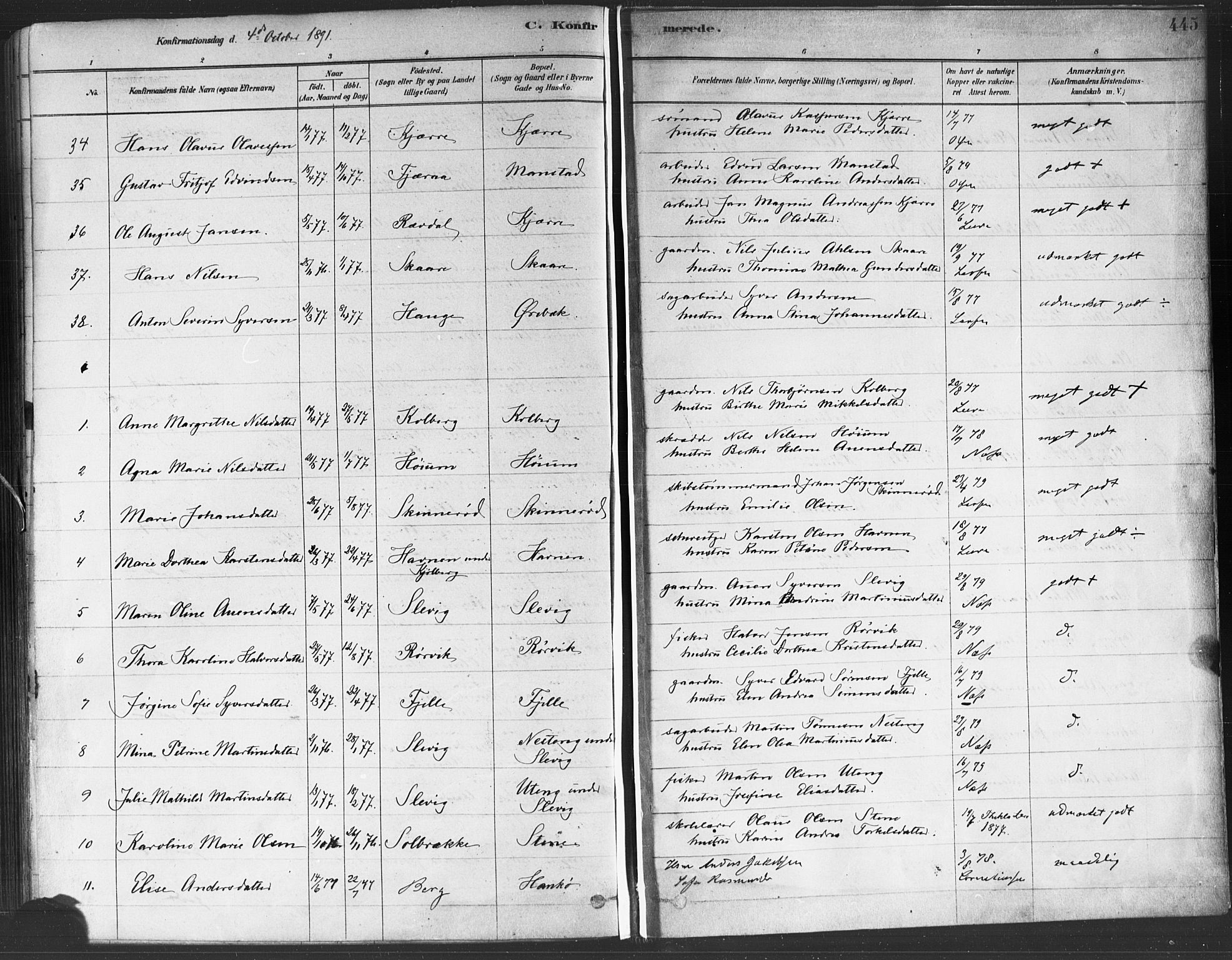 Onsøy prestekontor Kirkebøker, SAO/A-10914/F/Fa/L0005: Parish register (official) no. I 5, 1878-1898, p. 445
