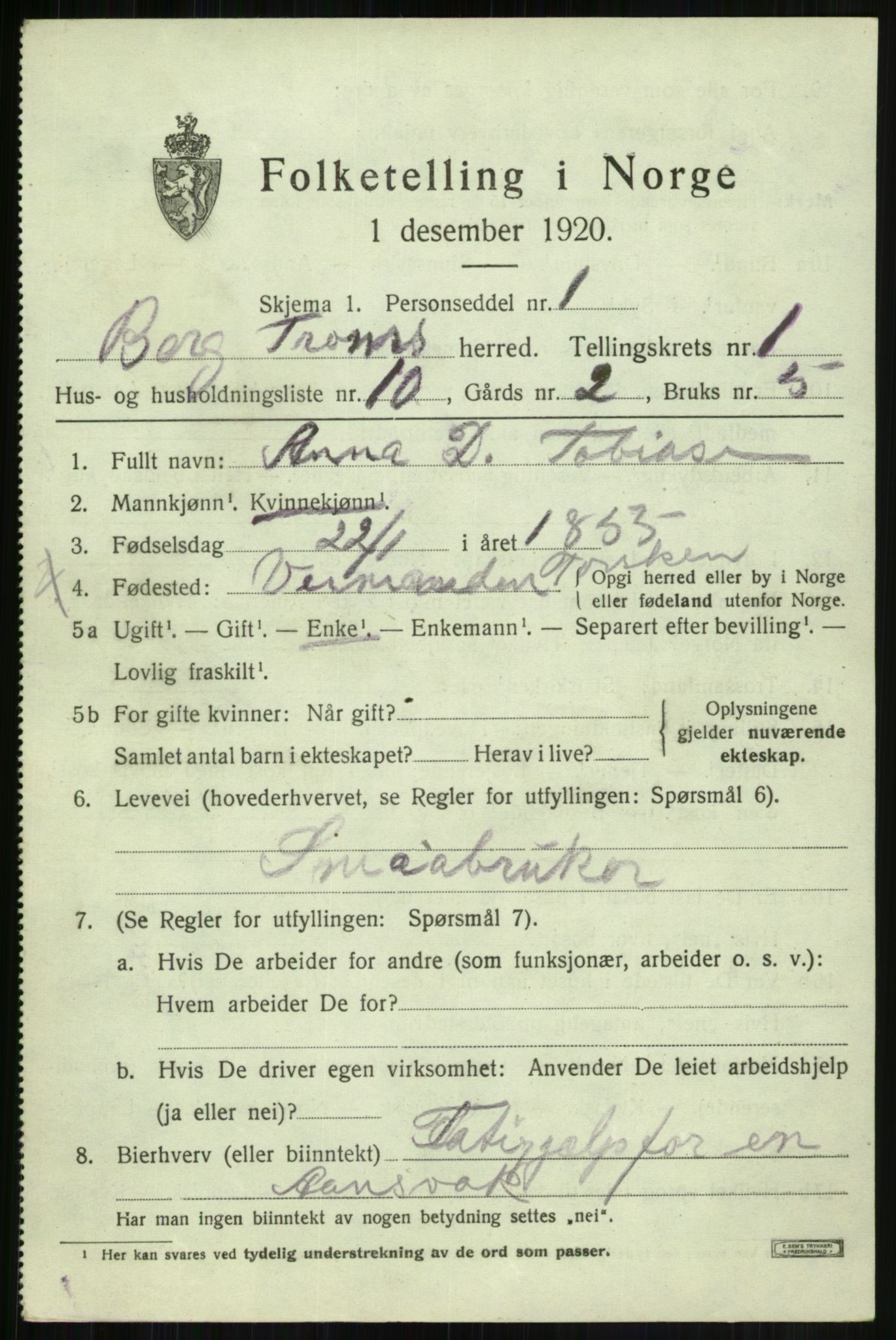 SATØ, 1920 census for Berg, 1920, p. 590