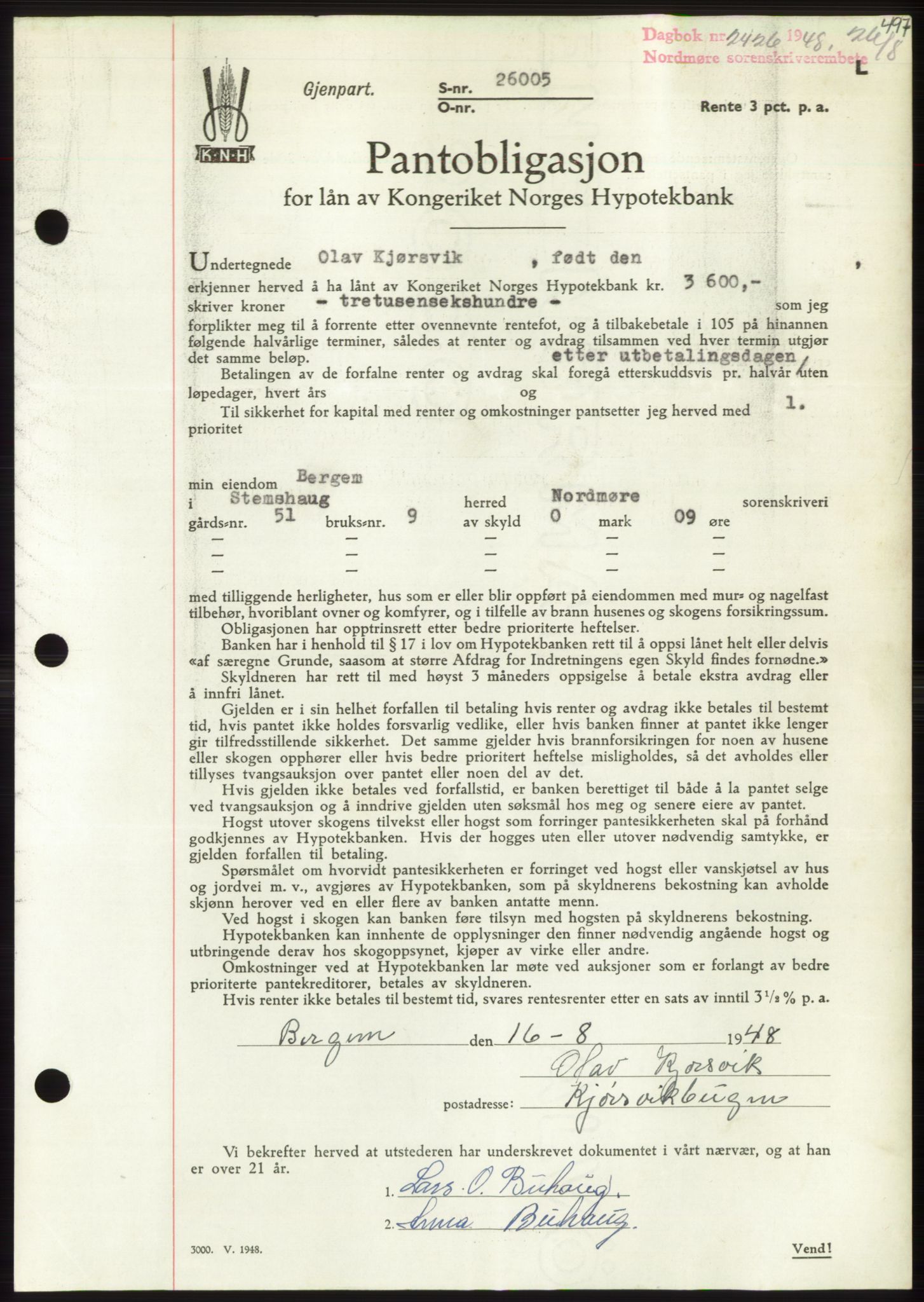 Nordmøre sorenskriveri, AV/SAT-A-4132/1/2/2Ca: Mortgage book no. B99, 1948-1948, Diary no: : 2426/1948