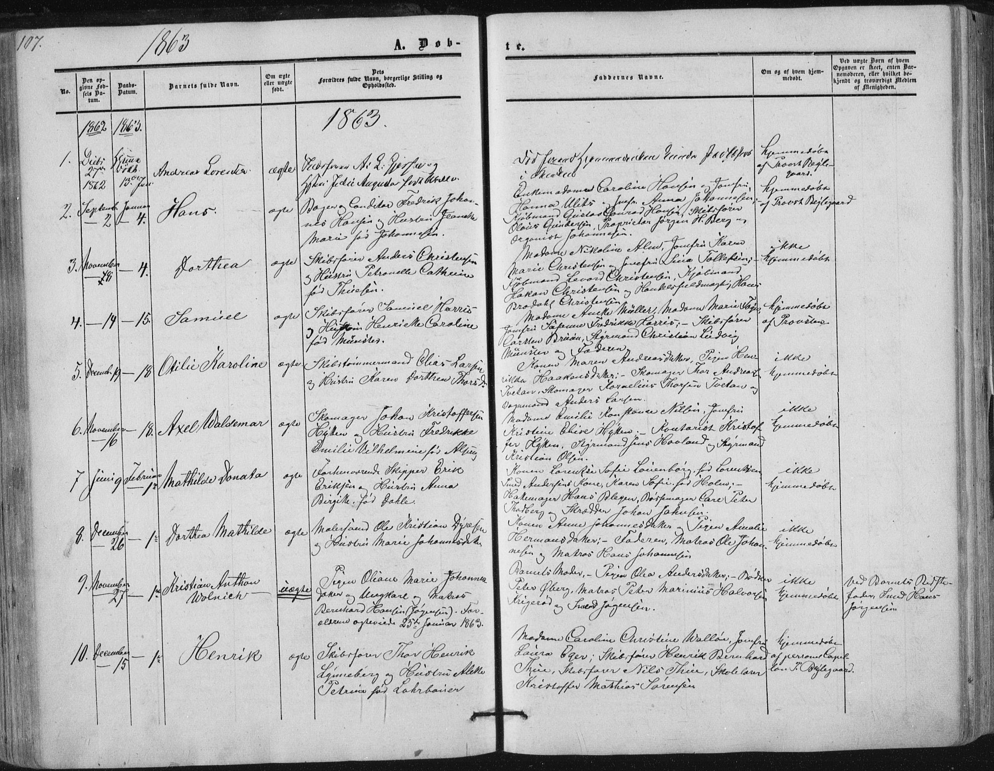 Tønsberg kirkebøker, AV/SAKO-A-330/F/Fa/L0008: Parish register (official) no. I 8, 1855-1864, p. 107