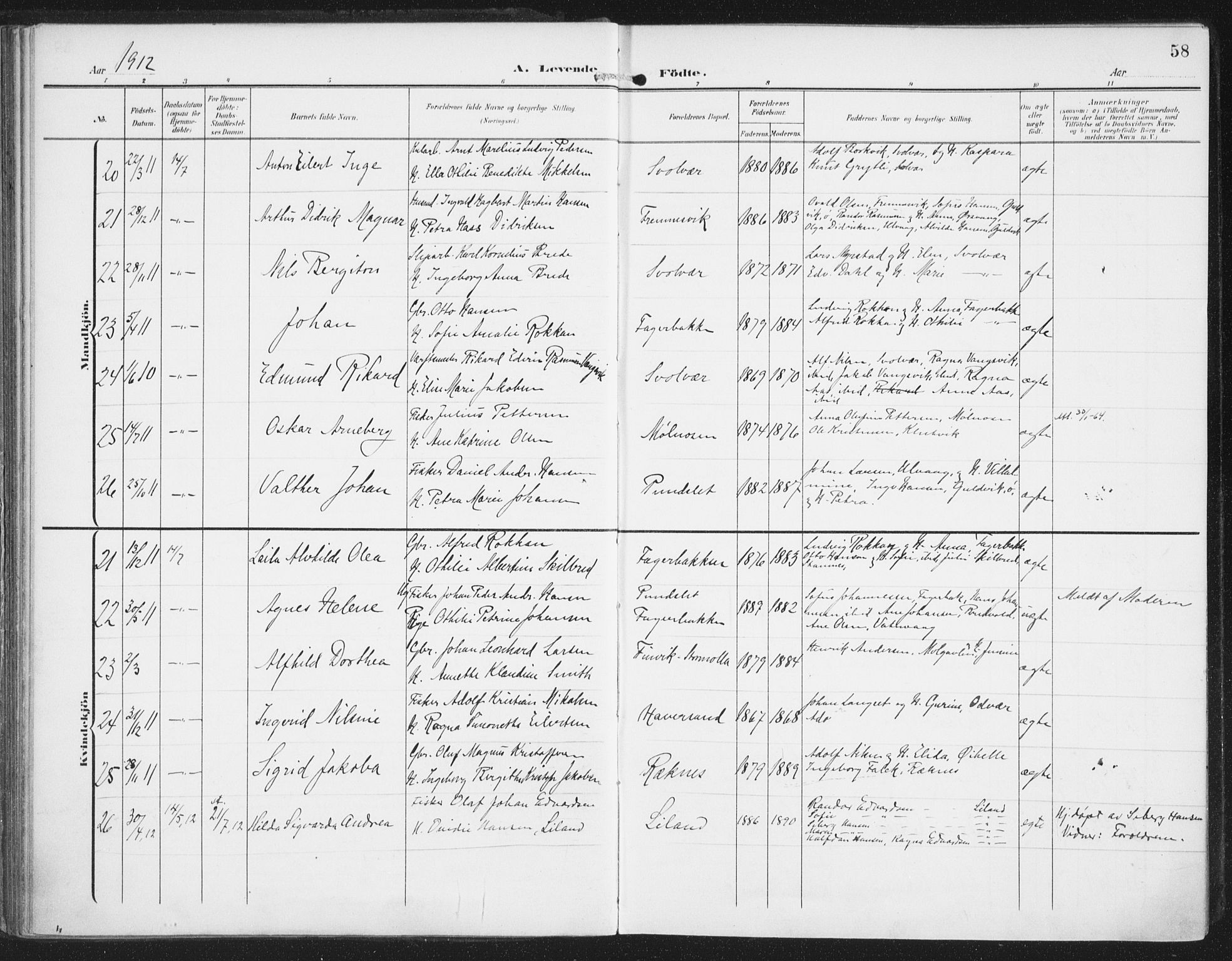 Ministerialprotokoller, klokkerbøker og fødselsregistre - Nordland, SAT/A-1459/874/L1063: Parish register (official) no. 874A07, 1907-1915, p. 58