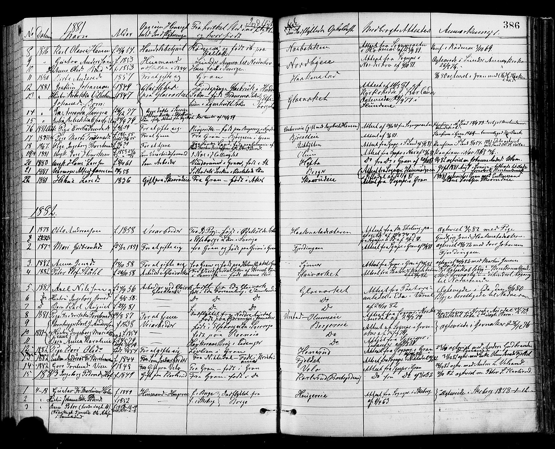 Jevnaker prestekontor, SAH/PREST-116/H/Ha/Haa/L0008: Parish register (official) no. 8, 1877-1890, p. 386