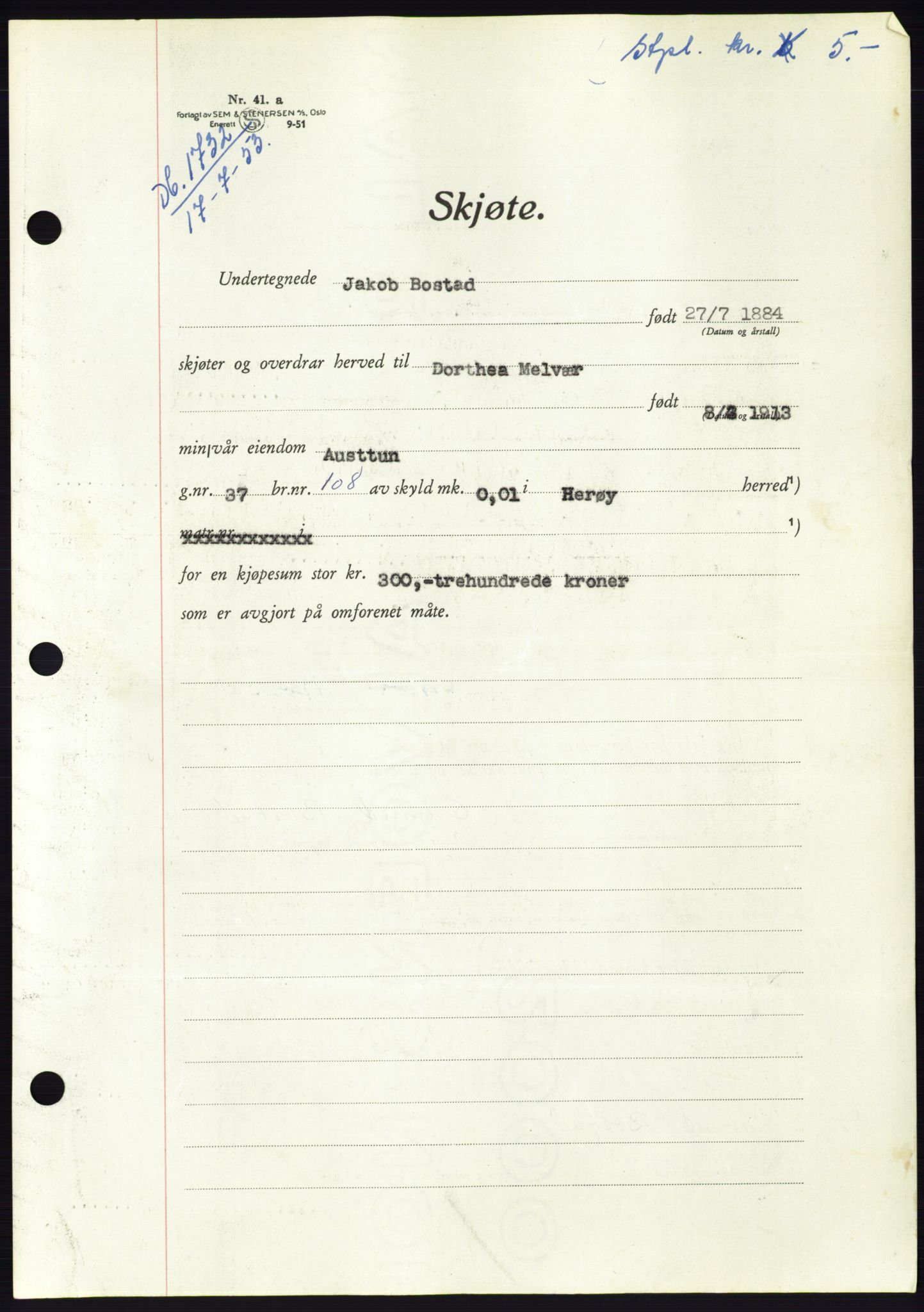 Søre Sunnmøre sorenskriveri, AV/SAT-A-4122/1/2/2C/L0095: Mortgage book no. 21A, 1953-1953, Diary no: : 1732/1953