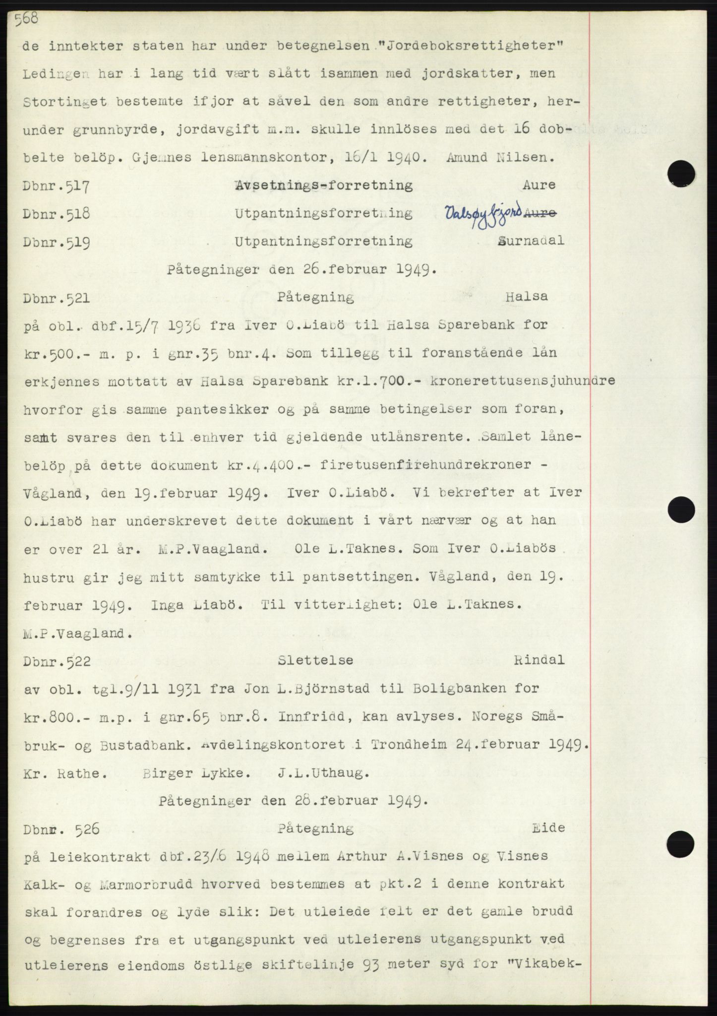 Nordmøre sorenskriveri, AV/SAT-A-4132/1/2/2Ca: Mortgage book no. C82b, 1946-1951, Diary no: : 517/1949