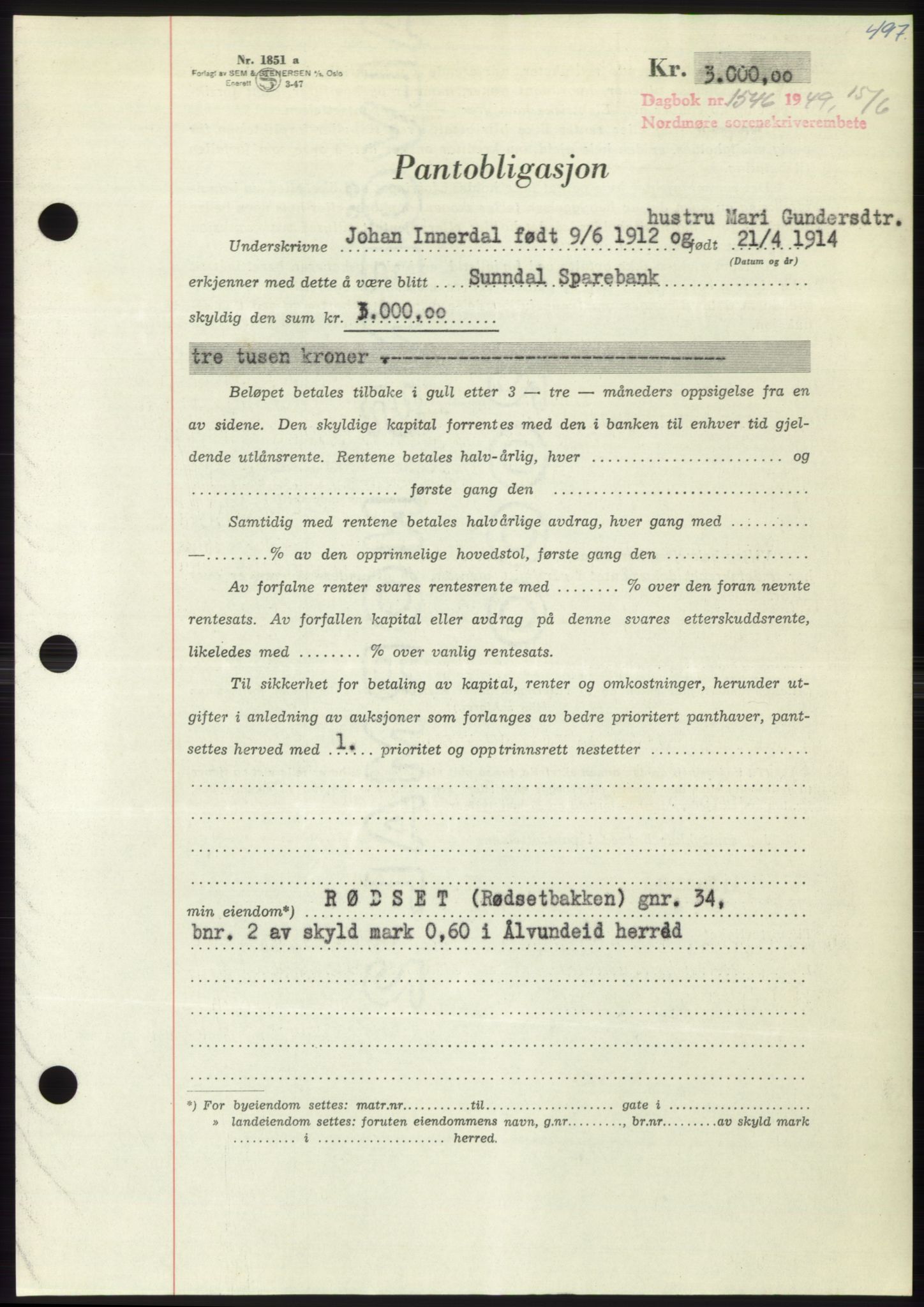 Nordmøre sorenskriveri, AV/SAT-A-4132/1/2/2Ca: Mortgage book no. B101, 1949-1949, Diary no: : 1546/1949