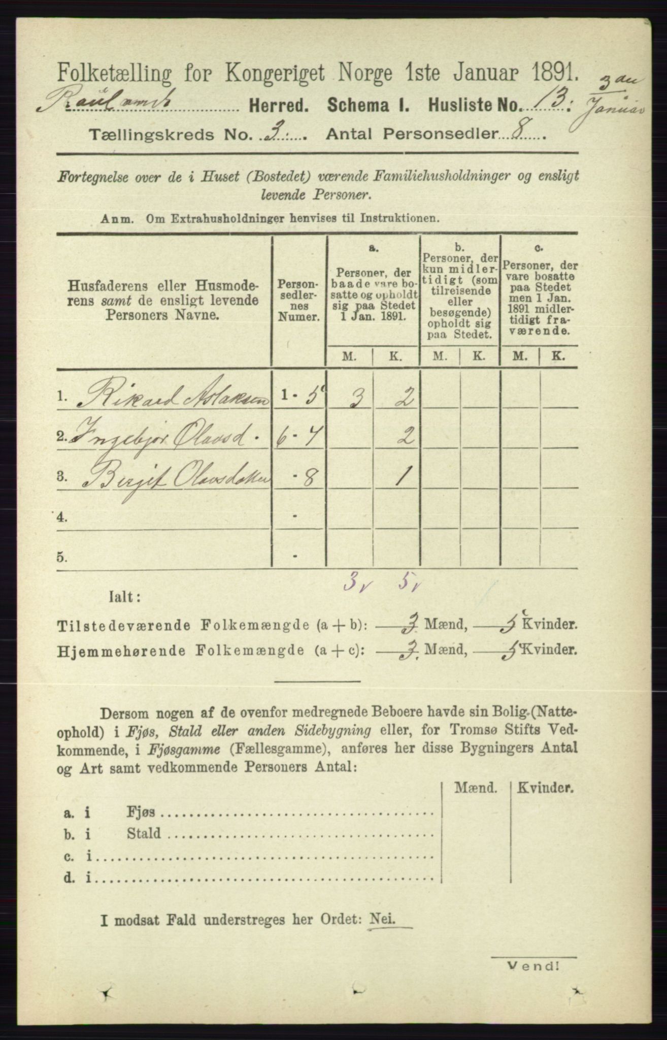 RA, 1891 census for 0835 Rauland, 1891, p. 749