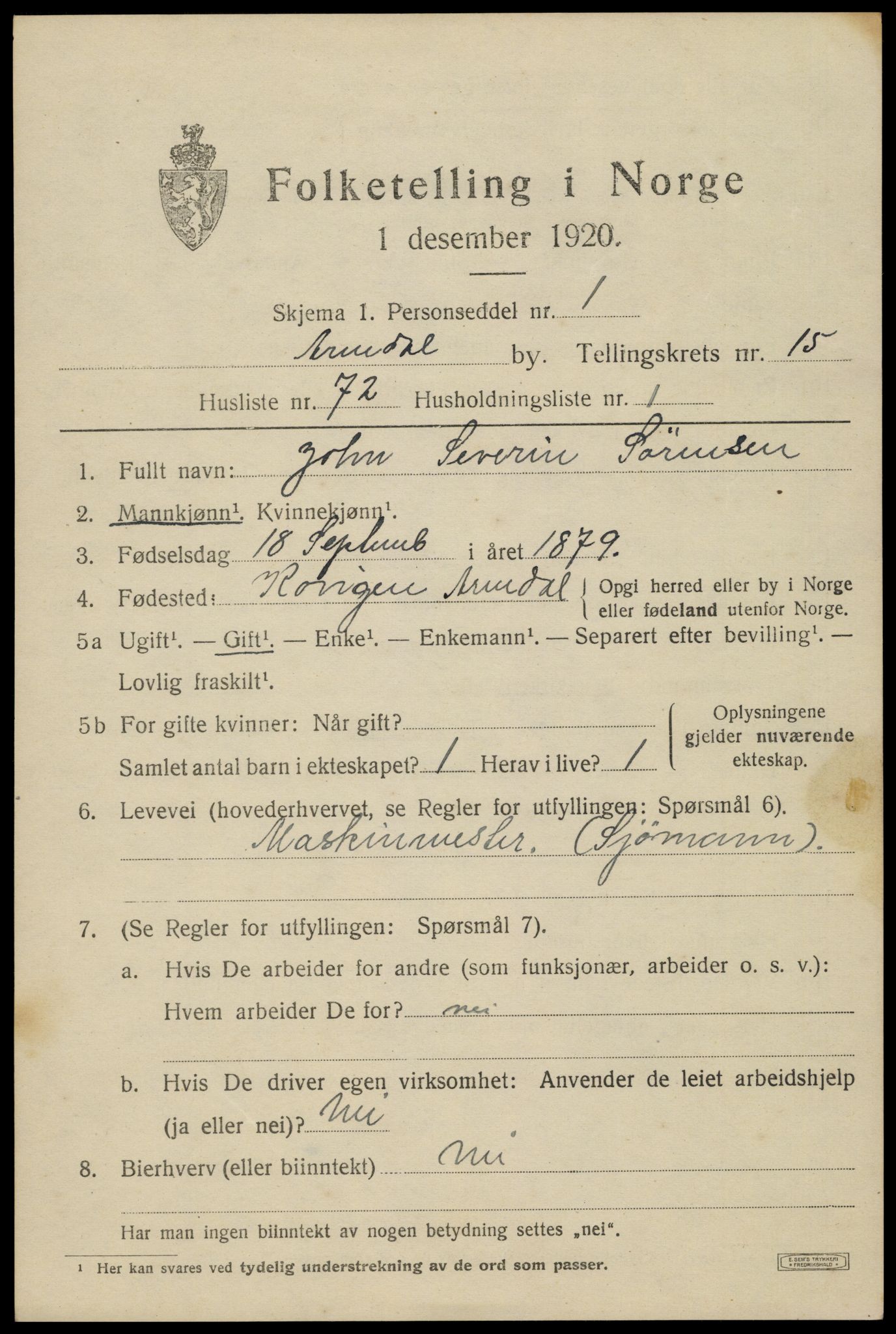 SAK, 1920 census for Arendal, 1920, p. 23248