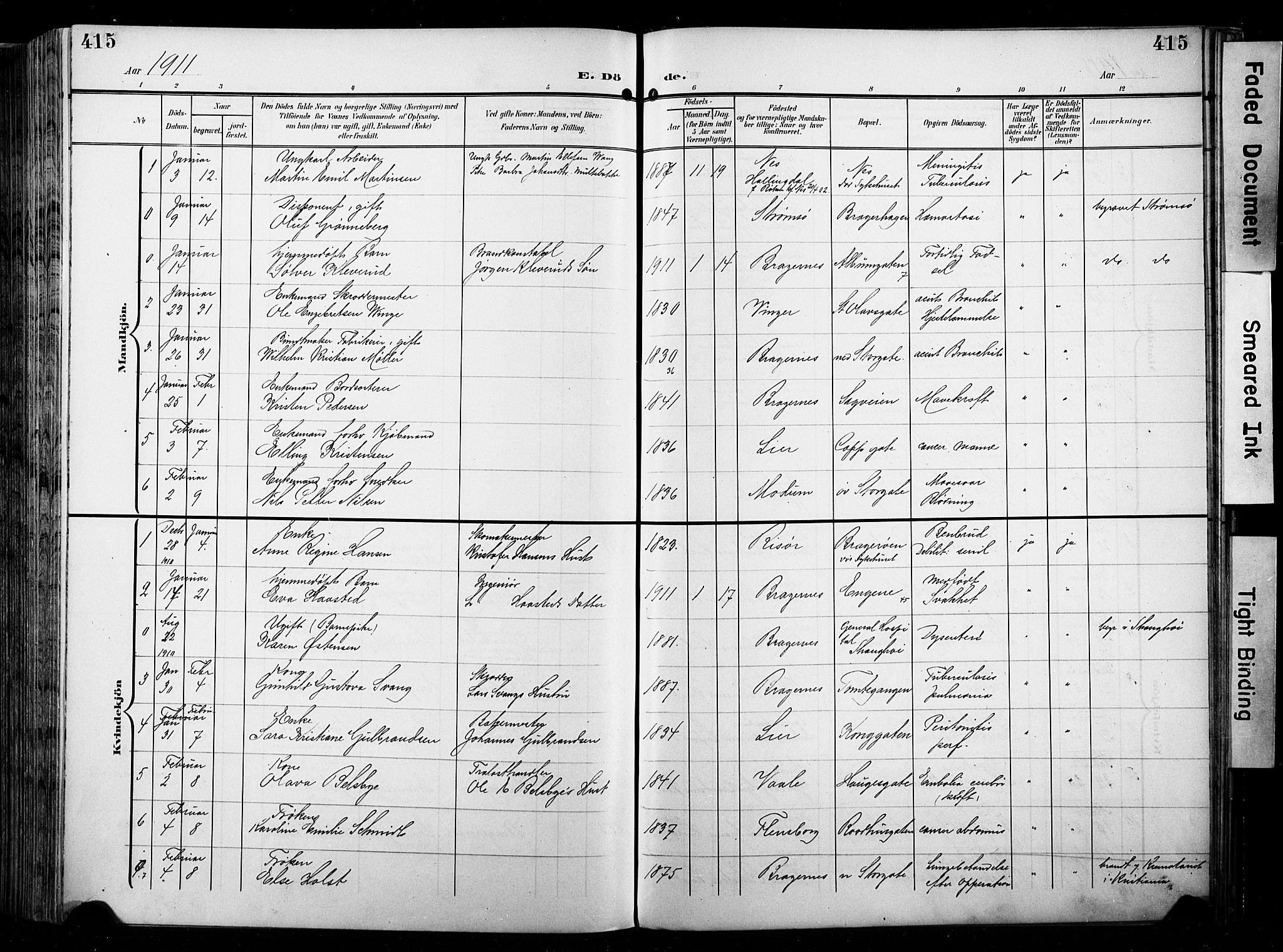 Bragernes kirkebøker, SAKO/A-6/F/Fb/L0009: Parish register (official) no. II 9, 1902-1911, p. 415