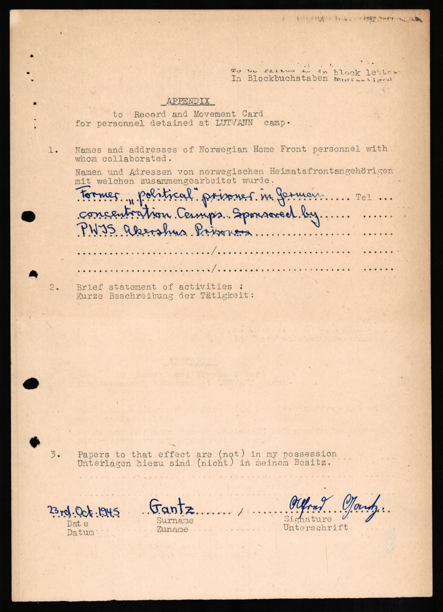 Forsvaret, Forsvarets overkommando II, AV/RA-RAFA-3915/D/Db/L0009: CI Questionaires. Tyske okkupasjonsstyrker i Norge. Tyskere., 1945-1946, p. 141