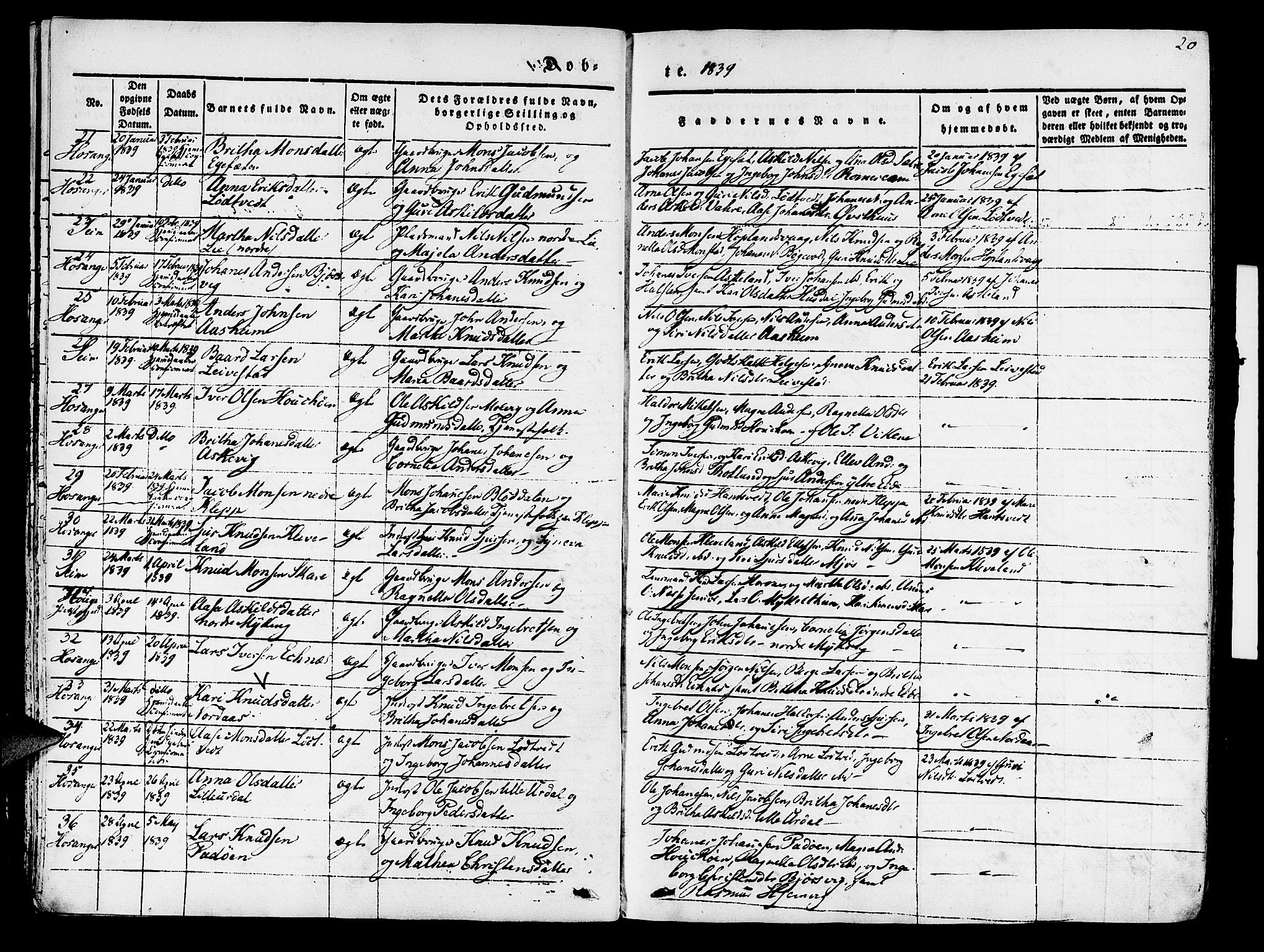 Hosanger sokneprestembete, SAB/A-75801/H/Haa: Parish register (official) no. A 7, 1835-1848, p. 20