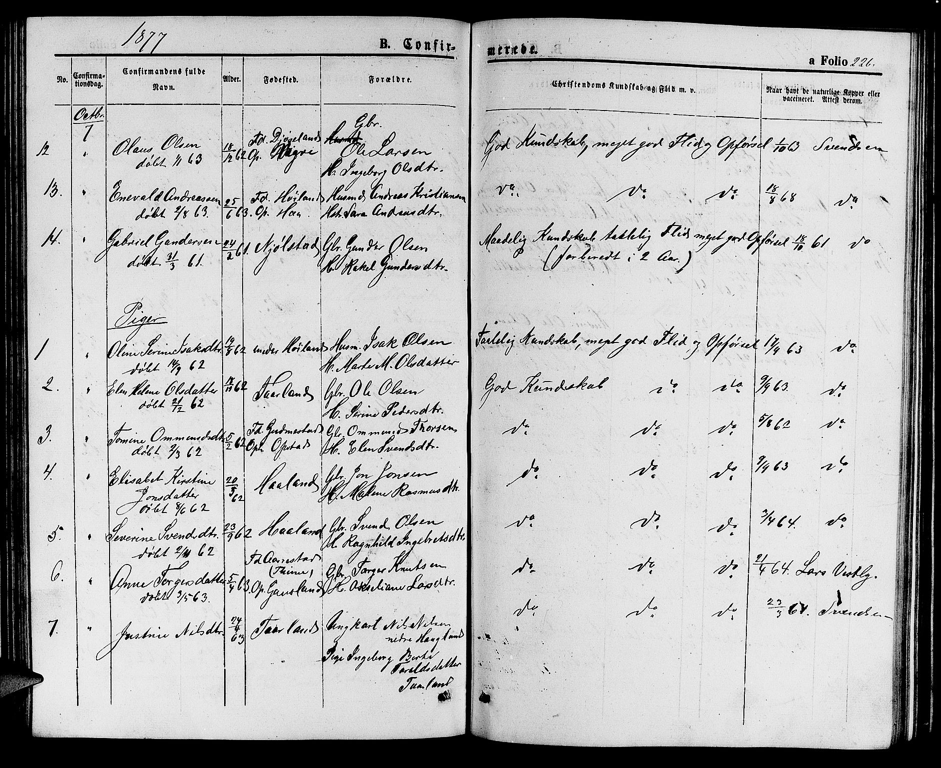 Hå sokneprestkontor, AV/SAST-A-101801/001/30BB/L0001: Parish register (copy) no. B 1, 1854-1883, p. 226