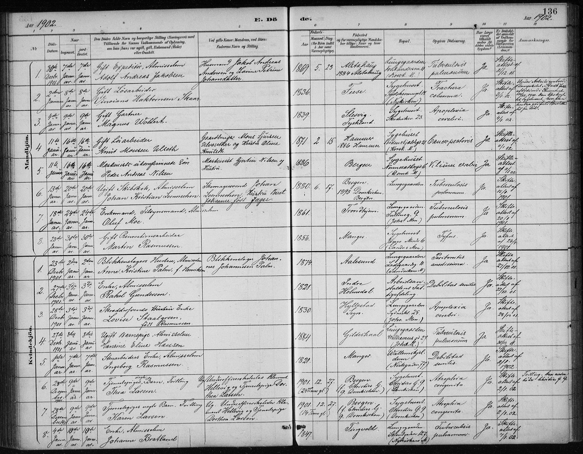 Bergen kommunale pleiehjem - stiftelsespresten, SAB/A-100281: Parish register (official) no. A 5, 1887-1908, p. 136