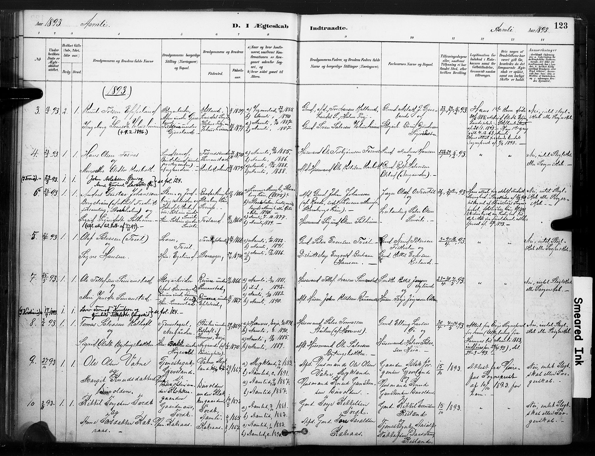 Åmli sokneprestkontor, SAK/1111-0050/F/Fa/Fac/L0010: Parish register (official) no. A 10 /1, 1885-1899, p. 123