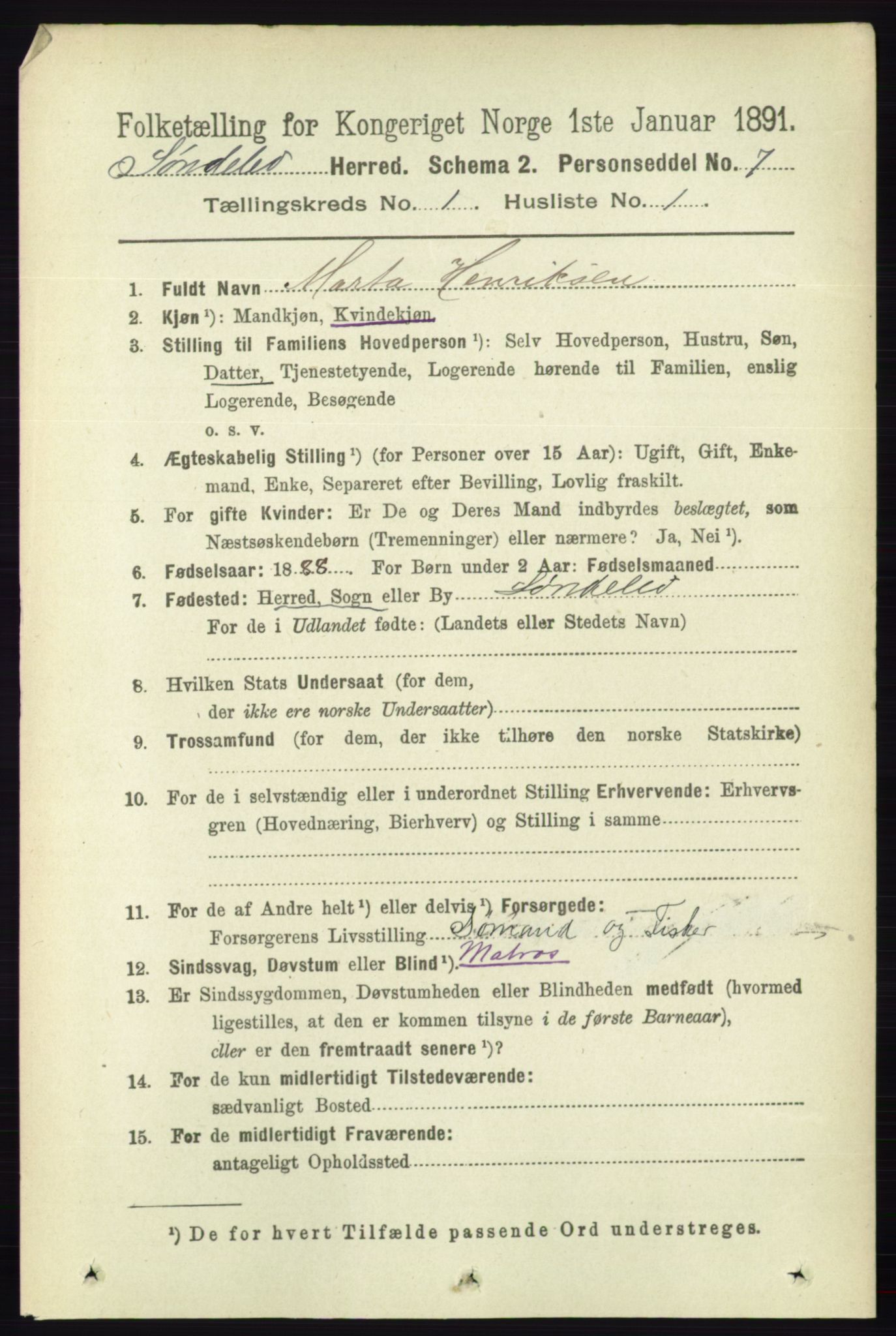 RA, 1891 census for 0913 Søndeled, 1891, p. 91