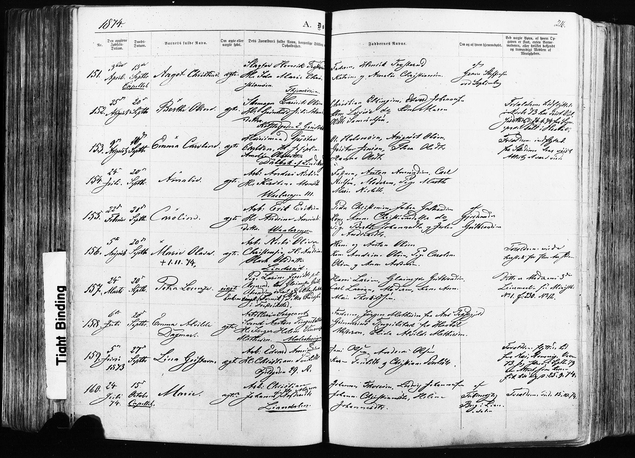 Østre Aker prestekontor Kirkebøker, AV/SAO-A-10840/F/Fa/L0003: Parish register (official) no. I 3, 1869-1875, p. 216