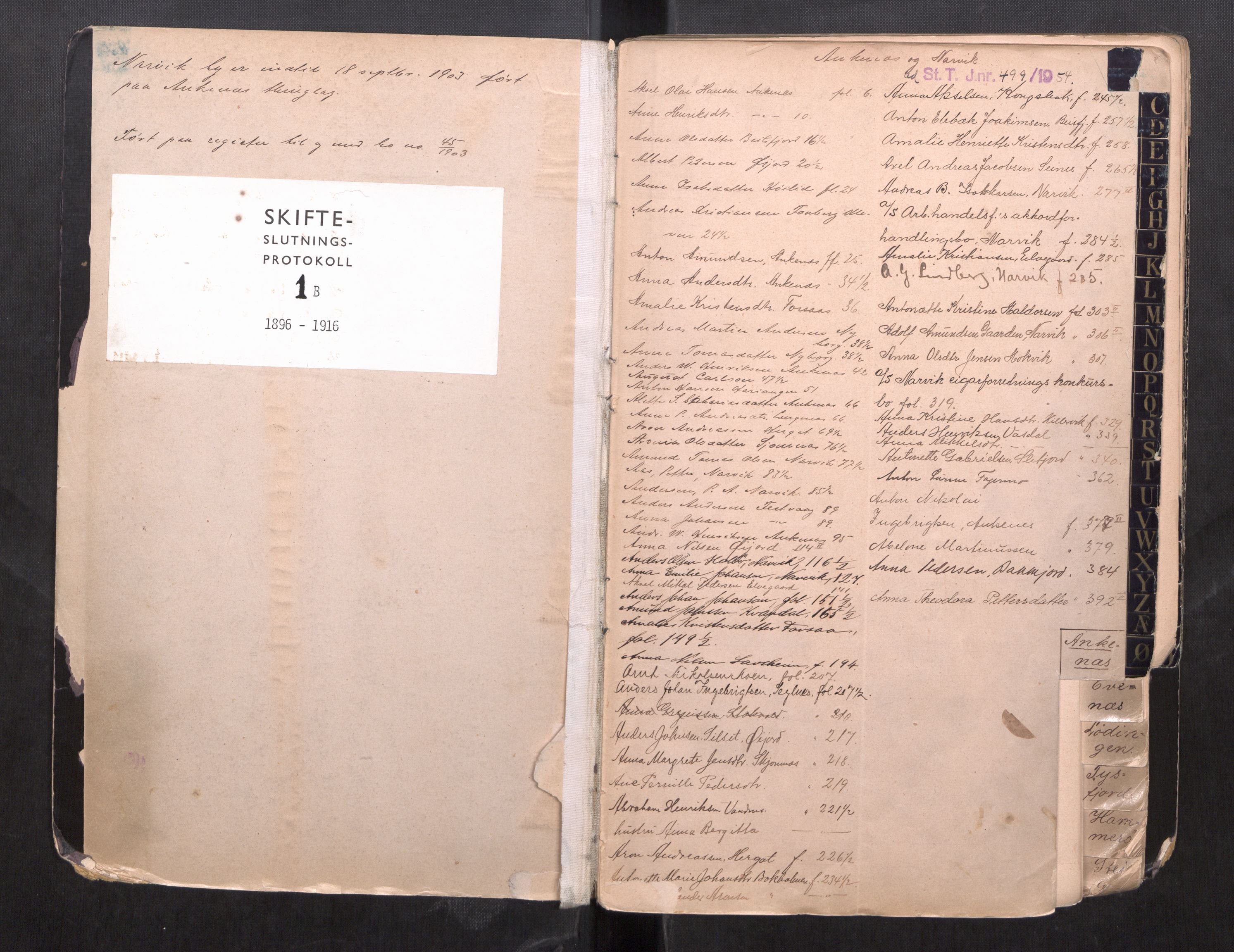 Steigen og Ofoten sorenskriveri, AV/SAT-A-0030/1/3/3C/L0001: Register til skifteslutningsprotokoll, 1896-1916