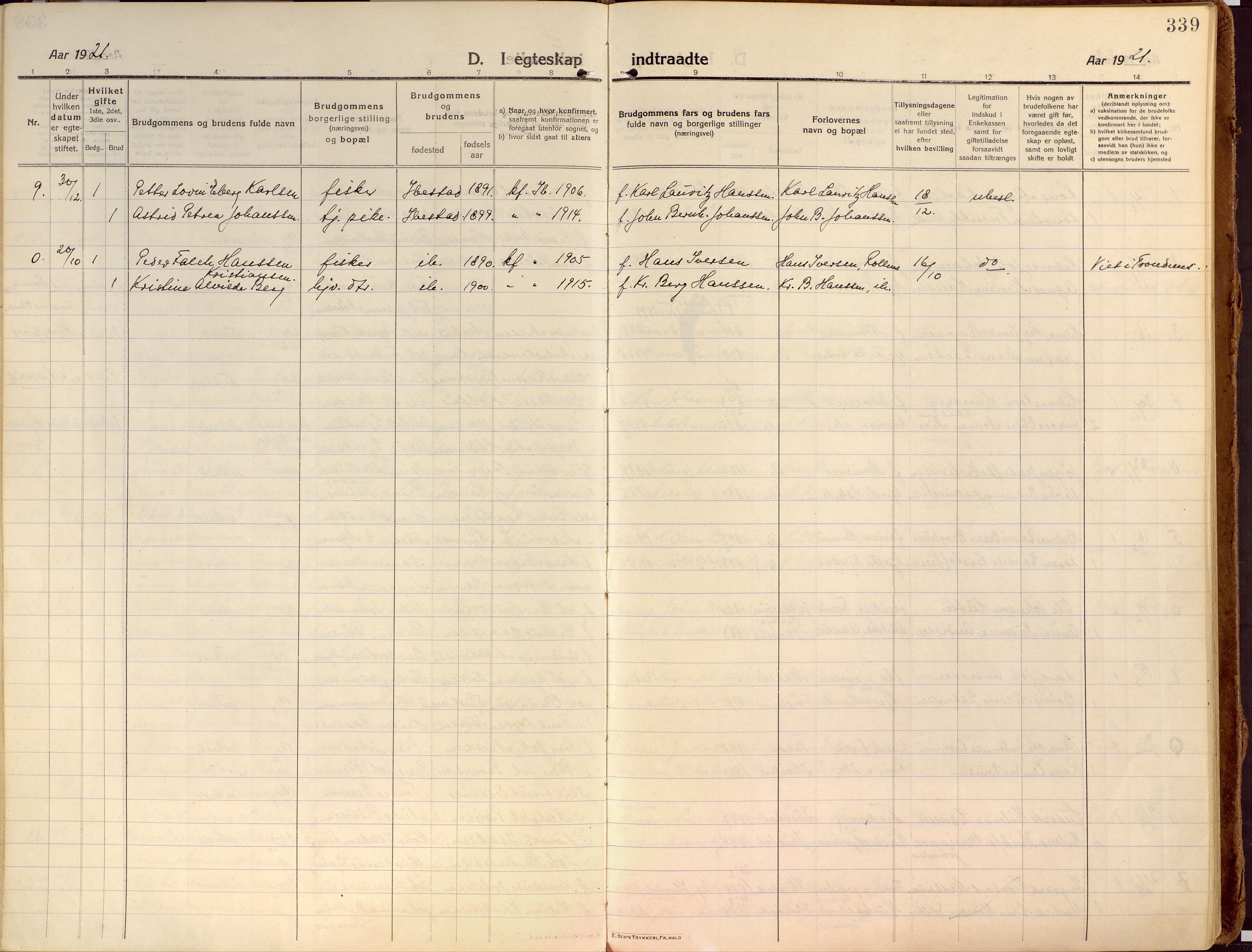 Ibestad sokneprestembete, SATØ/S-0077/H/Ha/Haa/L0018kirke: Parish register (official) no. 18, 1915-1929, p. 339