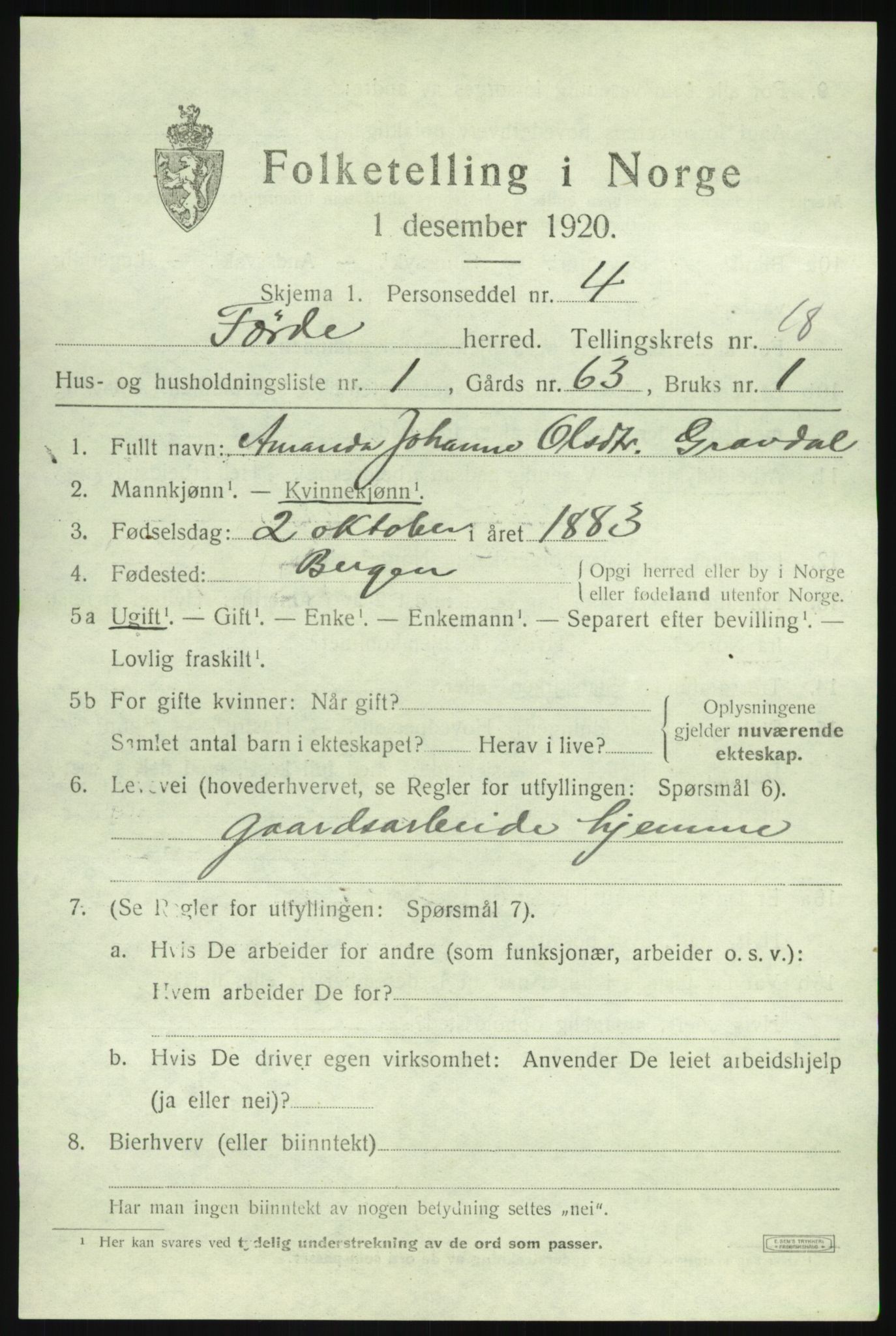 SAB, 1920 census for Førde, 1920, p. 6454