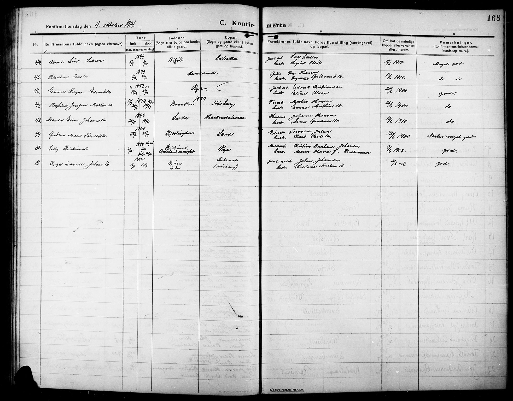 Lunner prestekontor, AV/SAH-PREST-118/H/Ha/Hab/L0001: Parish register (copy) no. 1, 1909-1922, p. 168