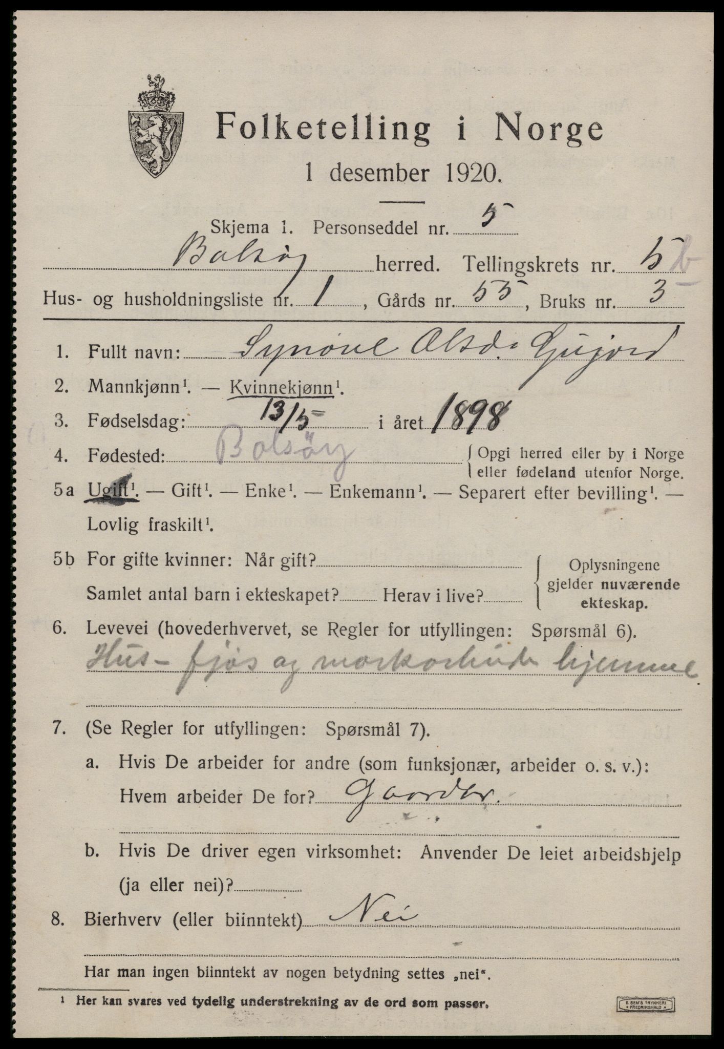 SAT, 1920 census for Bolsøy, 1920, p. 7553