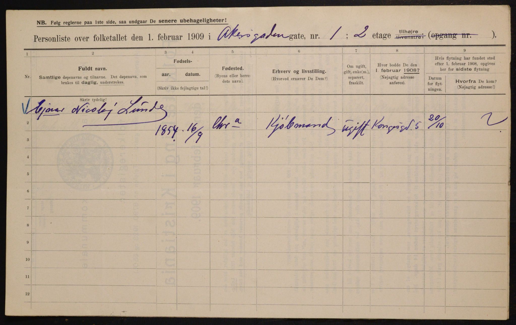 OBA, Municipal Census 1909 for Kristiania, 1909, p. 296