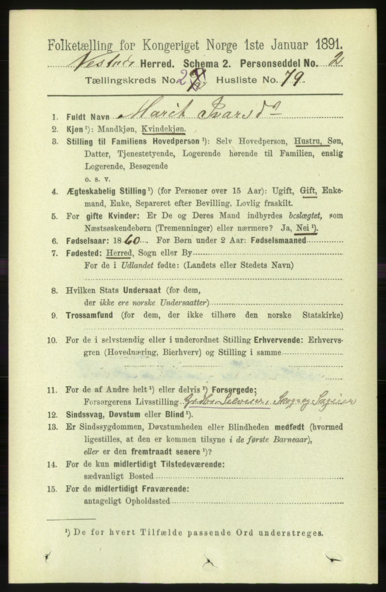 RA, 1891 census for 1535 Vestnes, 1891, p. 604