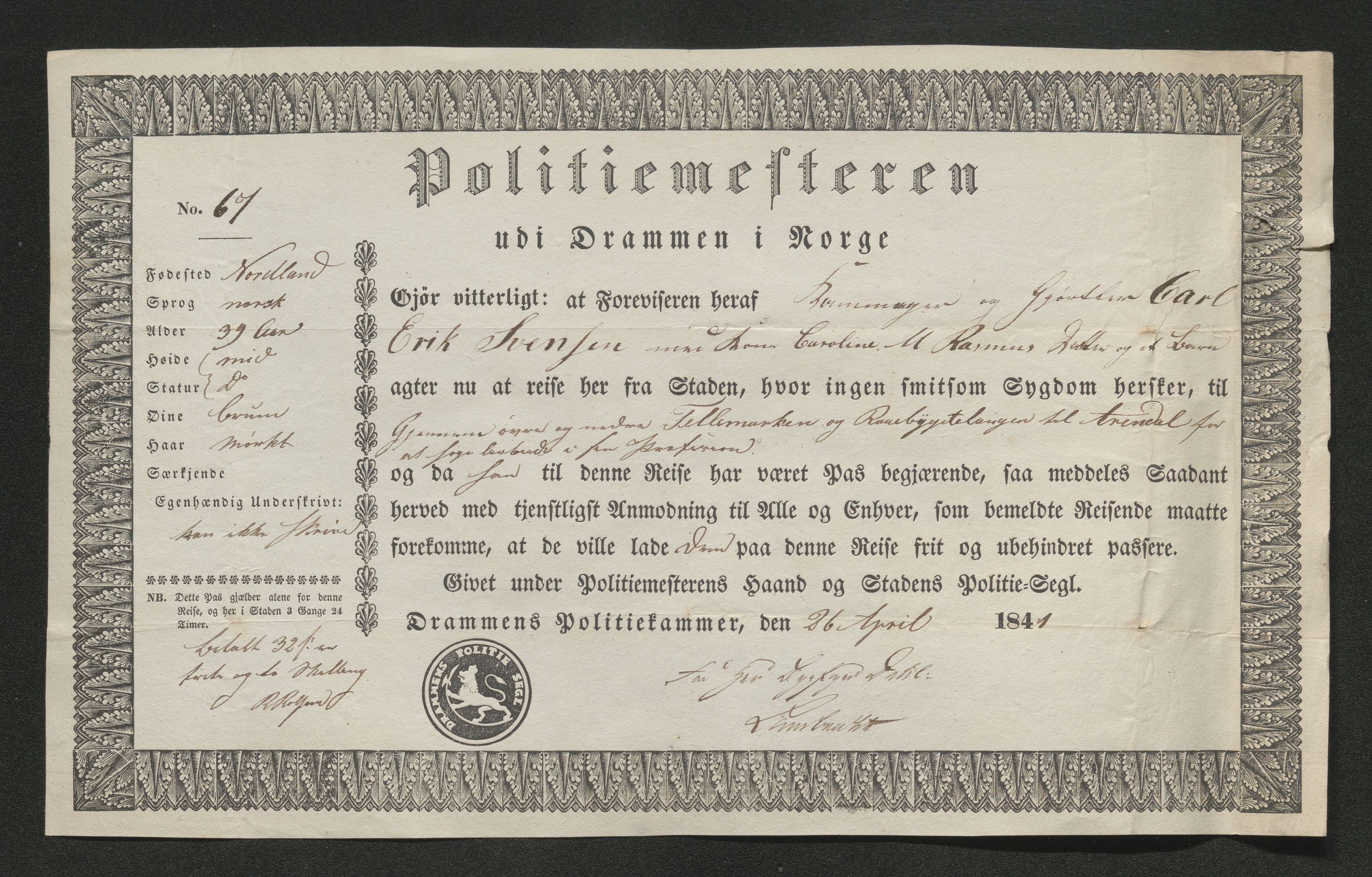 Drammen politikammer, SAKO/A-623/I/Ia/Iab/L0006: Innleverte pass, 1841-1842, p. 323