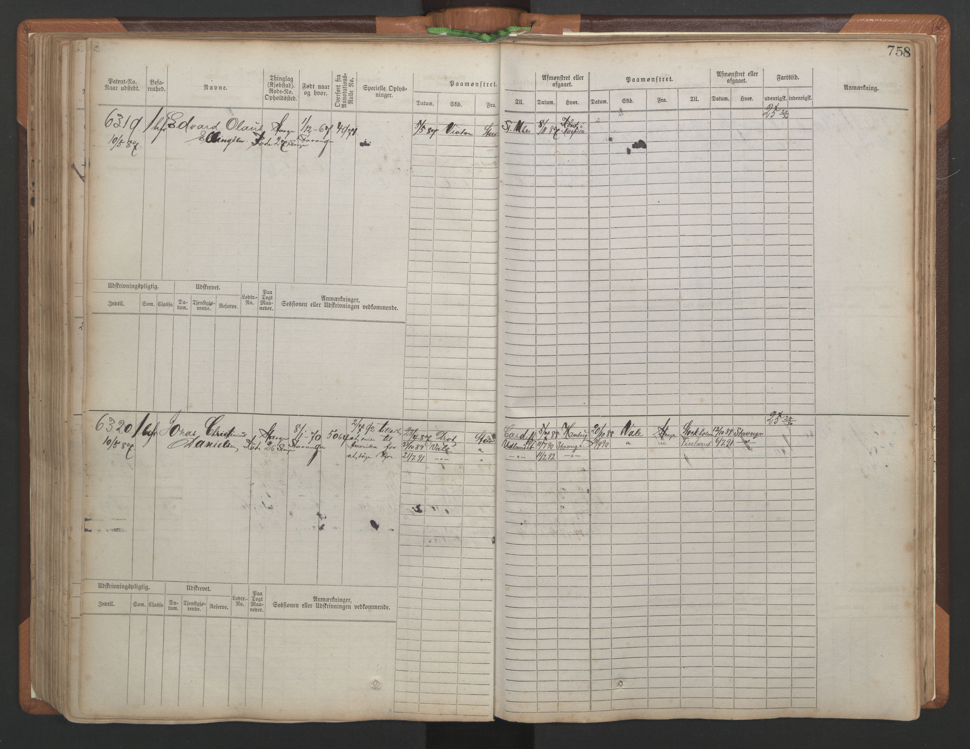 Stavanger sjømannskontor, AV/SAST-A-102006/F/Fb/Fbb/L0010: Sjøfartshovedrulle, patentnr. 6007-6606 (del 1), 1887-1896, p. 162