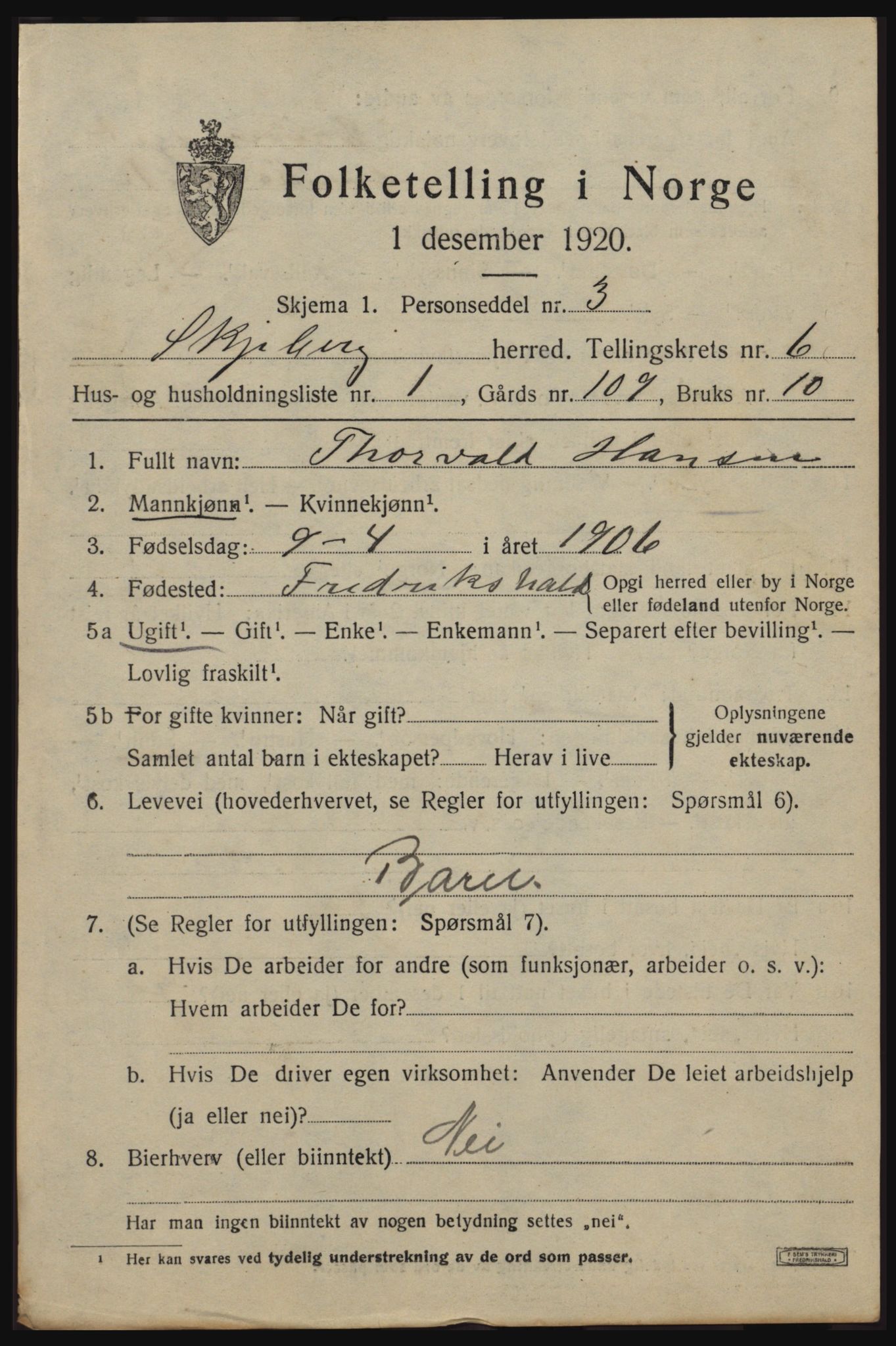 SAO, 1920 census for Skjeberg, 1920, p. 6603