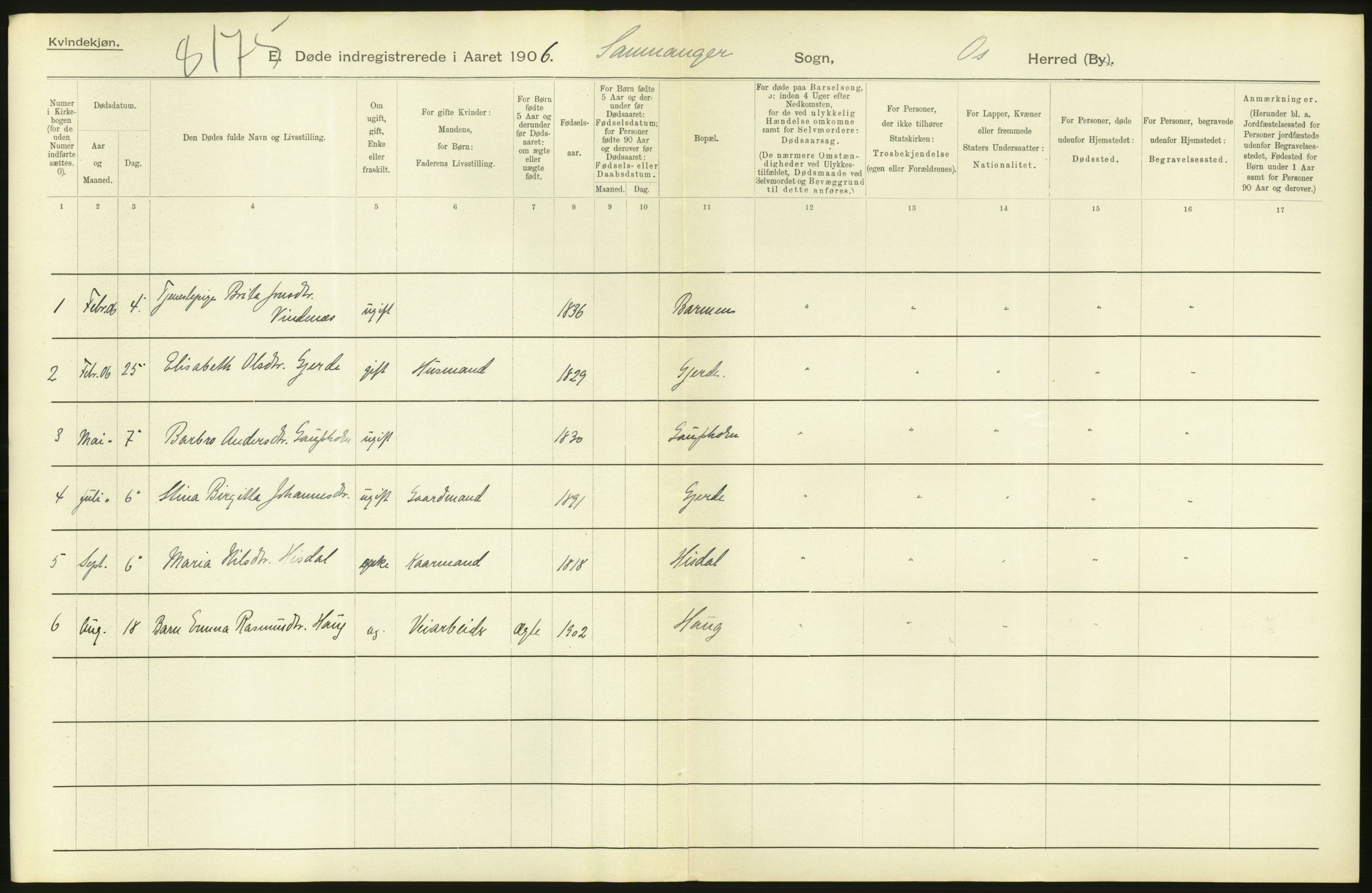 Statistisk sentralbyrå, Sosiodemografiske emner, Befolkning, AV/RA-S-2228/D/Df/Dfa/Dfad/L0030: S. Bergenhus amt: Døde. Bygder., 1906, p. 34