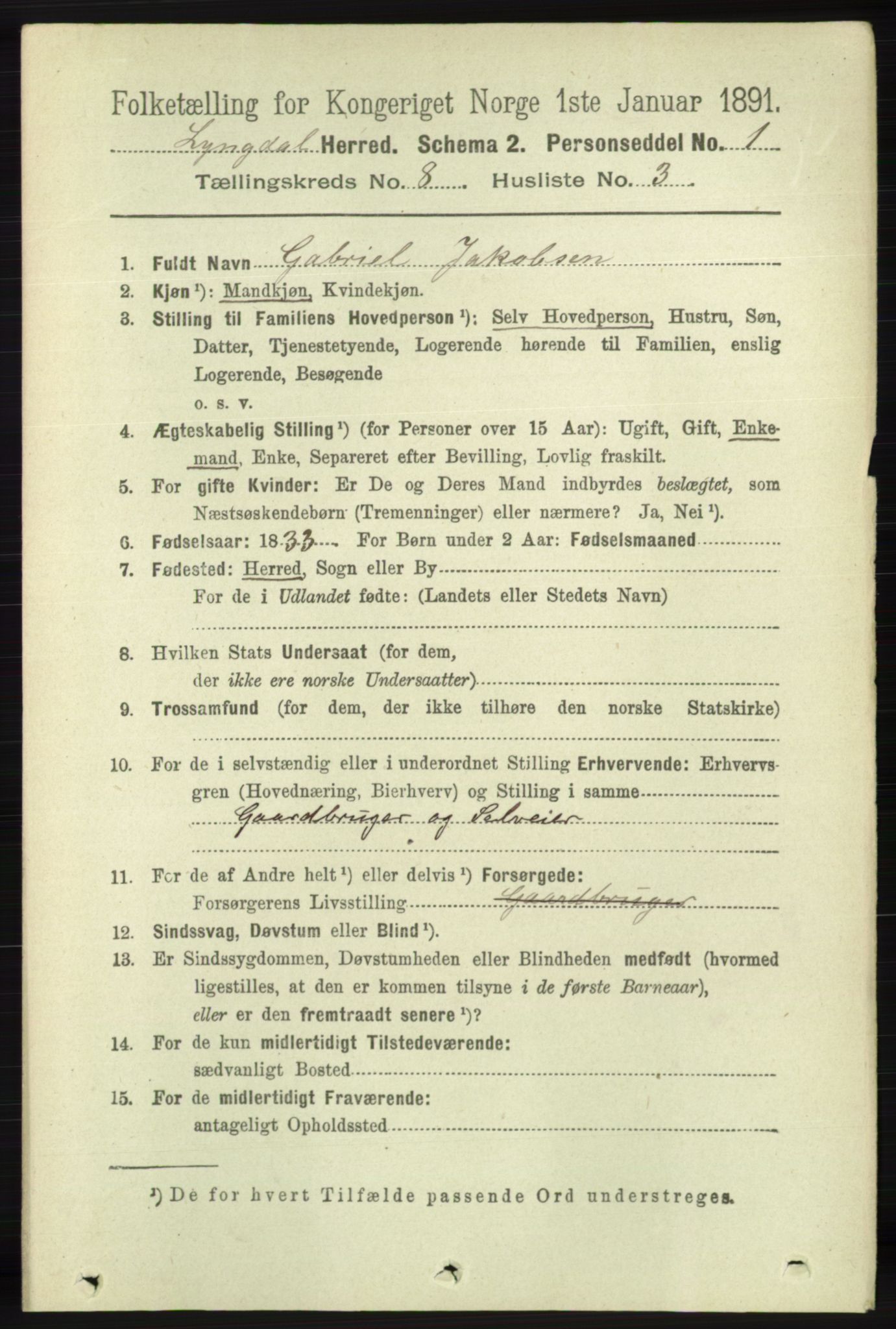 RA, 1891 census for 1032 Lyngdal, 1891, p. 3383