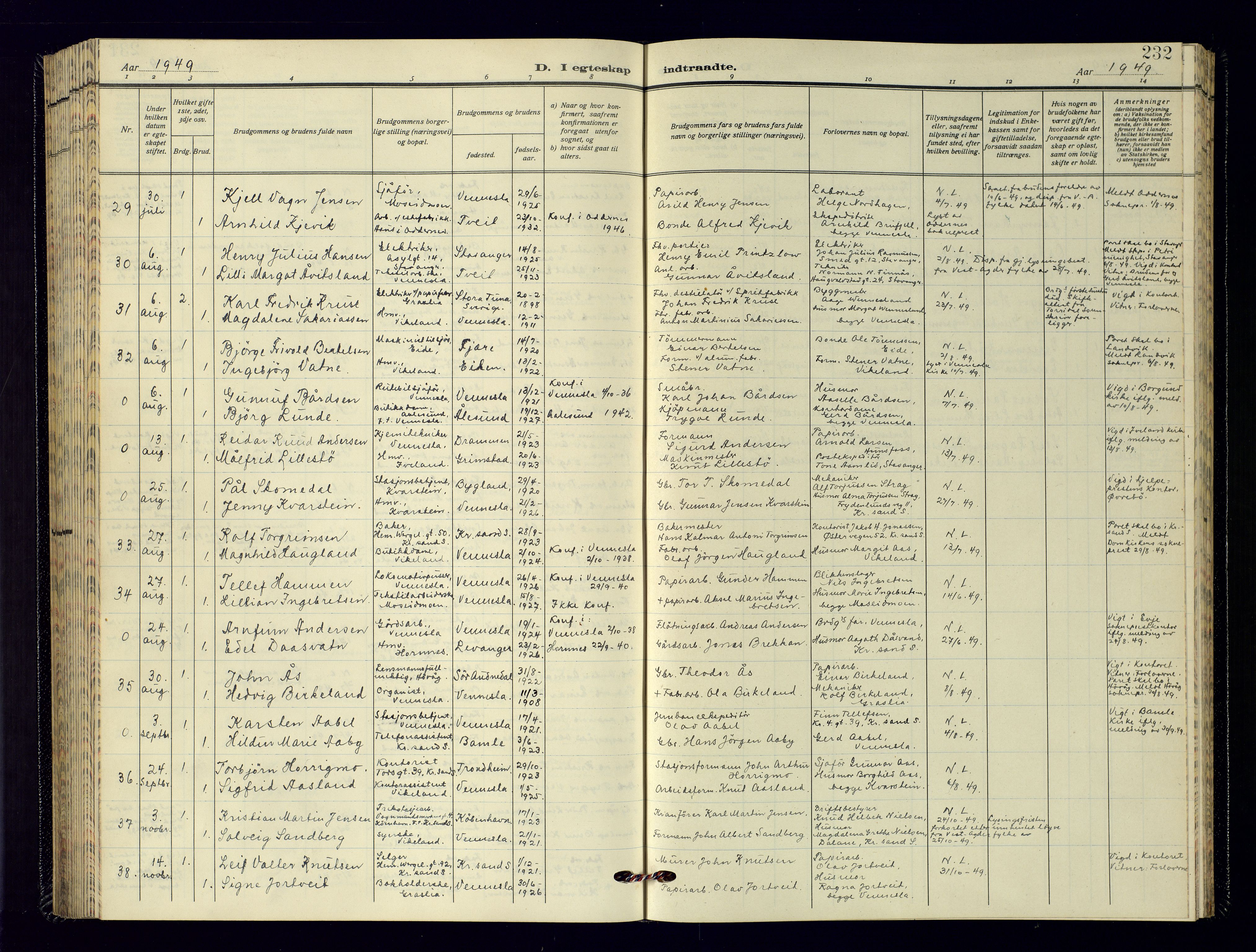 Vennesla sokneprestkontor, SAK/1111-0045/Fb/Fbb/L0009: Parish register (copy) no. B-9, 1948-1961, p. 232