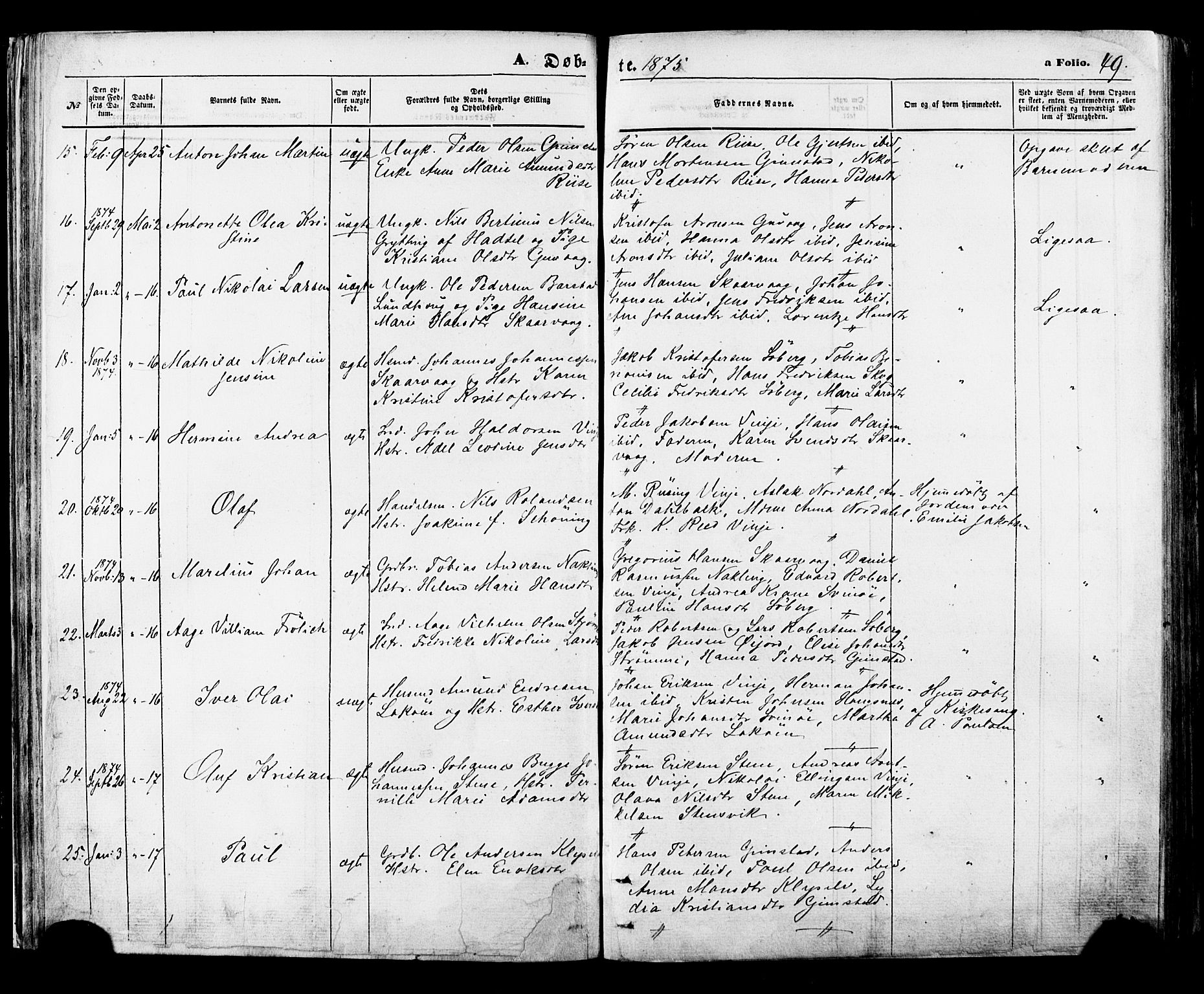 Ministerialprotokoller, klokkerbøker og fødselsregistre - Nordland, AV/SAT-A-1459/891/L1301: Parish register (official) no. 891A06, 1870-1878, p. 49