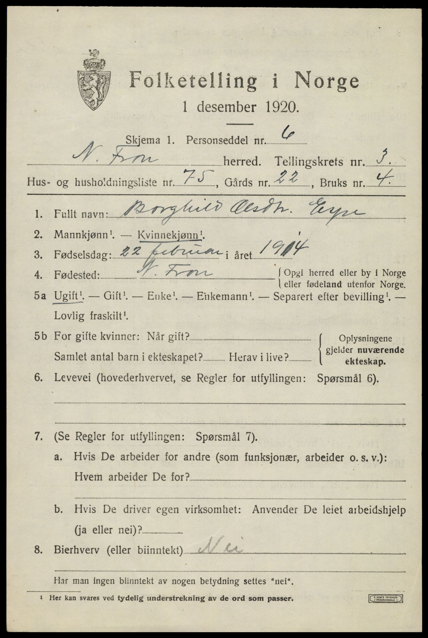 SAH, 1920 census for Nord-Fron, 1920, p. 4018