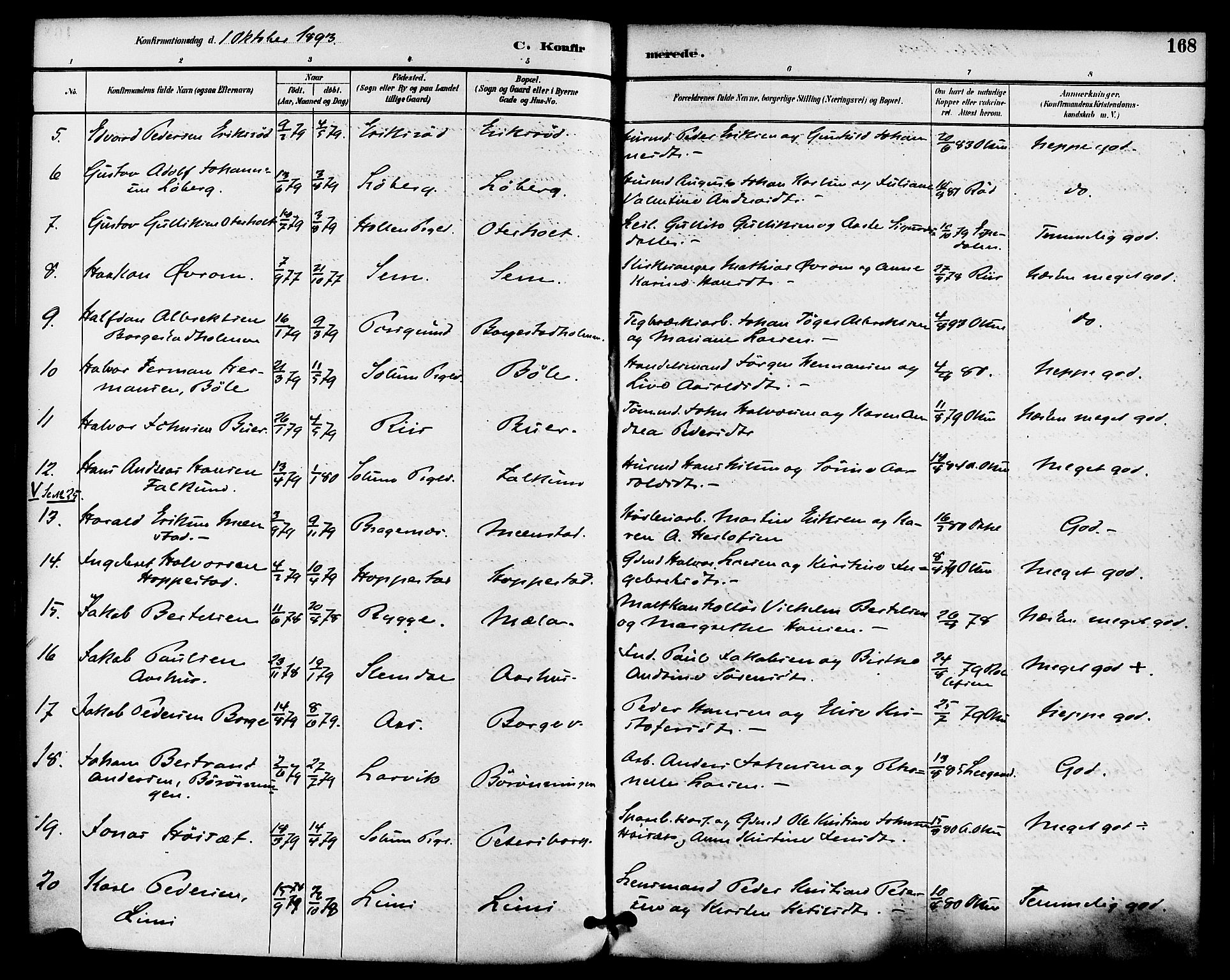 Gjerpen kirkebøker, SAKO/A-265/F/Fa/L0010: Parish register (official) no. I 10, 1886-1895, p. 168