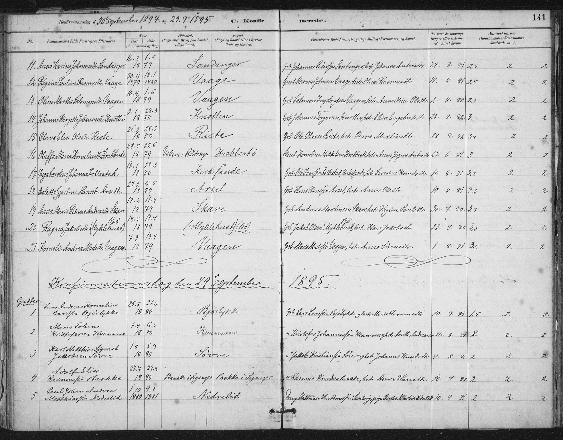 Ministerialprotokoller, klokkerbøker og fødselsregistre - Møre og Romsdal, SAT/A-1454/503/L0037: Parish register (official) no. 503A05, 1884-1900, p. 141