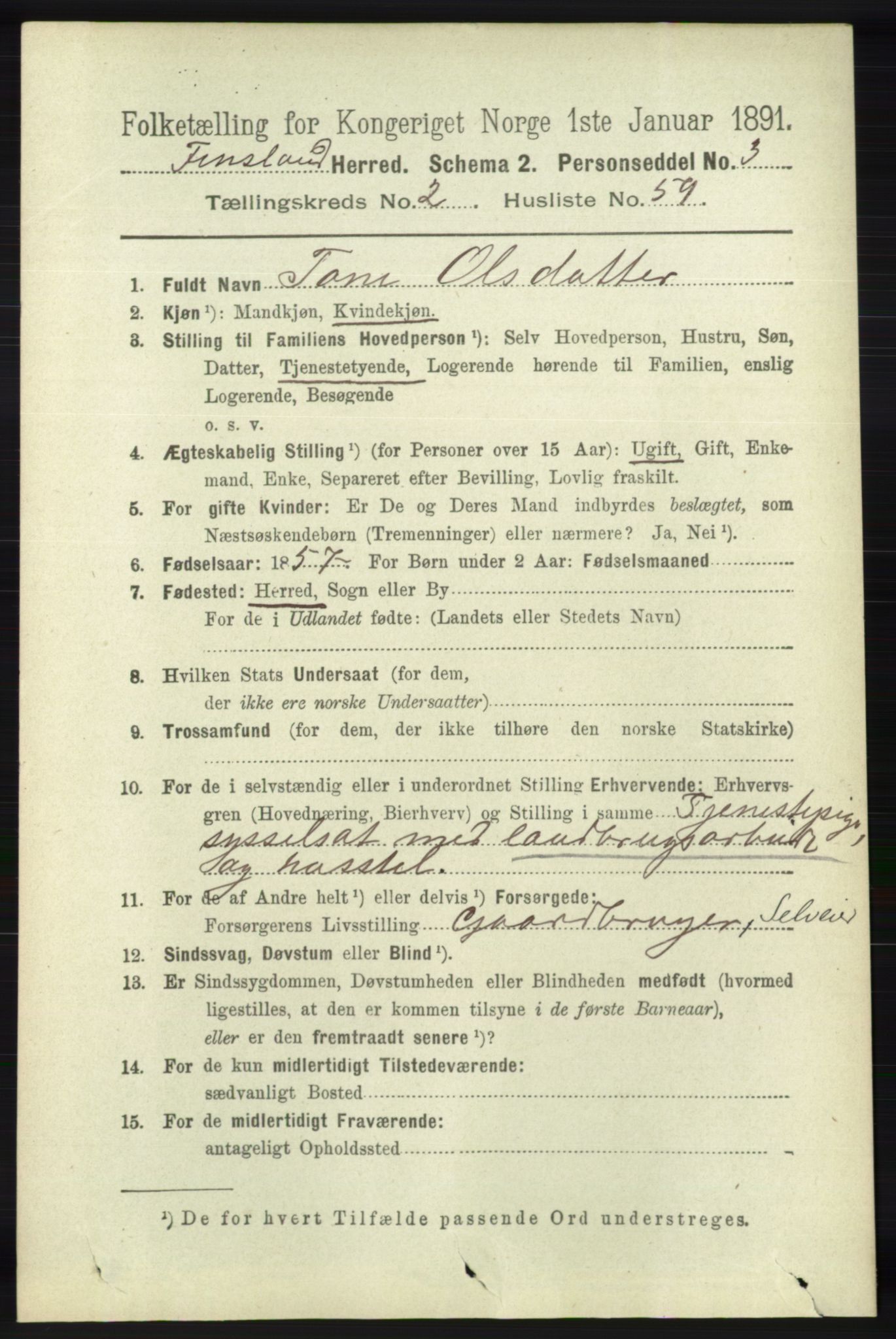 RA, 1891 census for 1023 Finsland, 1891, p. 720