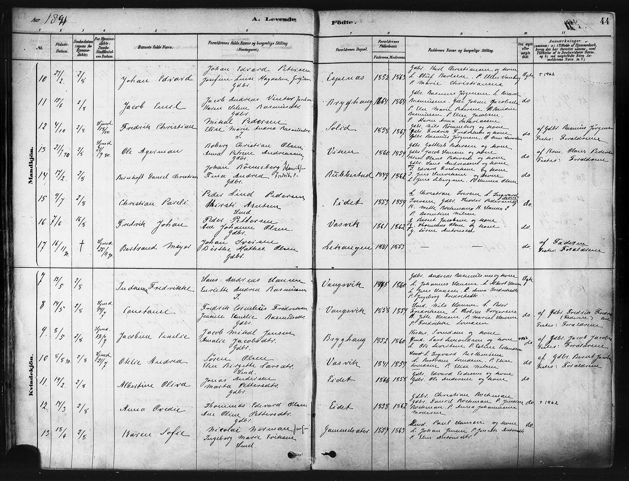 Tranøy sokneprestkontor, SATØ/S-1313/I/Ia/Iaa/L0009kirke: Parish register (official) no. 9, 1878-1904, p. 44