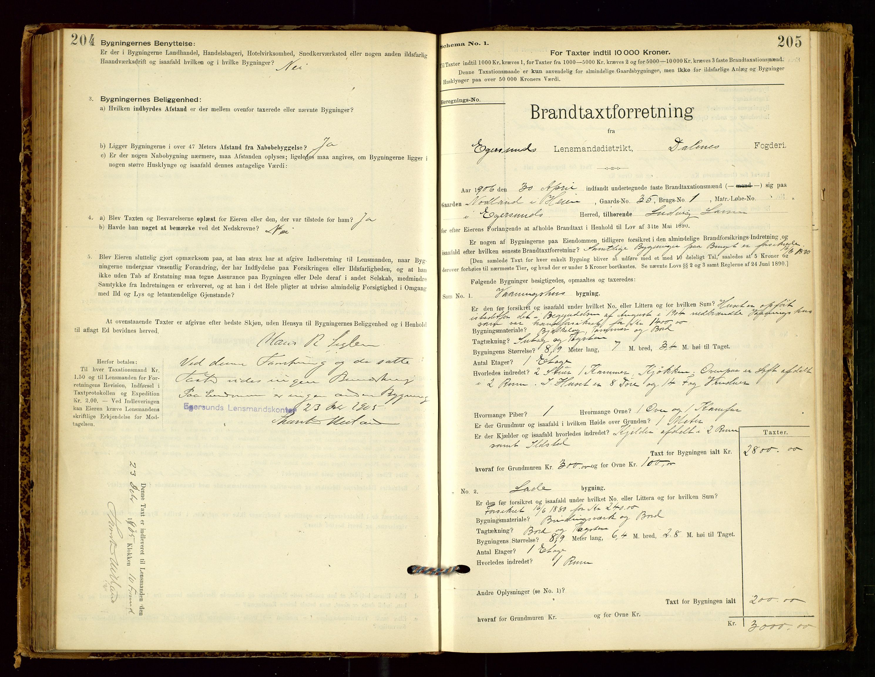 Eigersund lensmannskontor, SAST/A-100171/Gob/L0001: Skjemaprotokoll, 1894-1909, p. 204-205