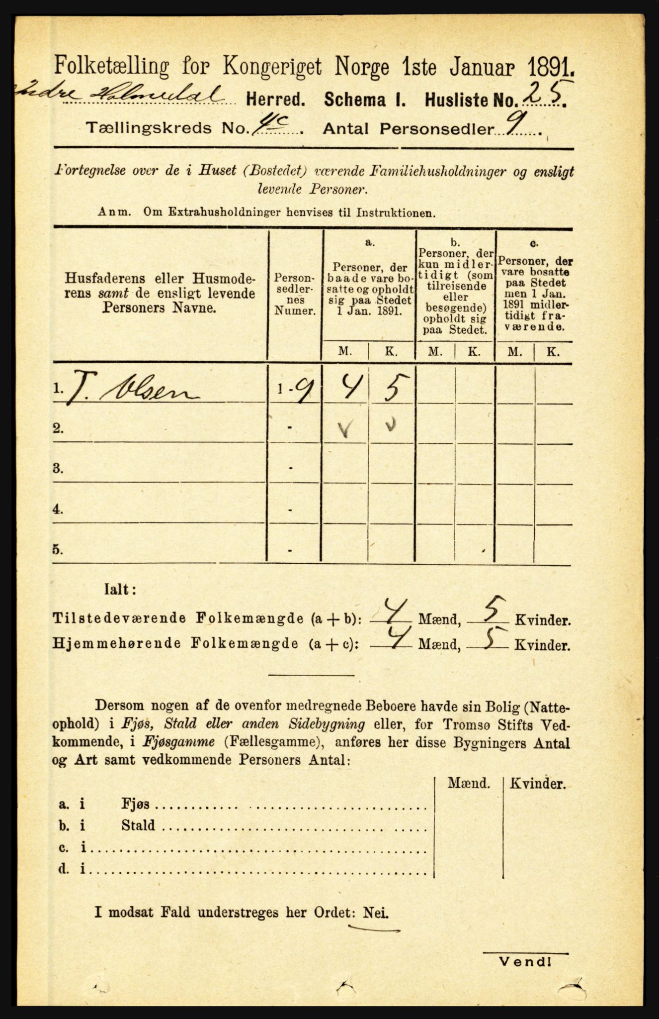 RA, 1891 census for 1430 Indre Holmedal, 1891, p. 1631