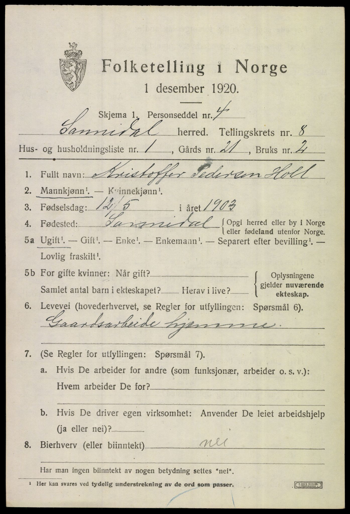 SAKO, 1920 census for Sannidal, 1920, p. 5391