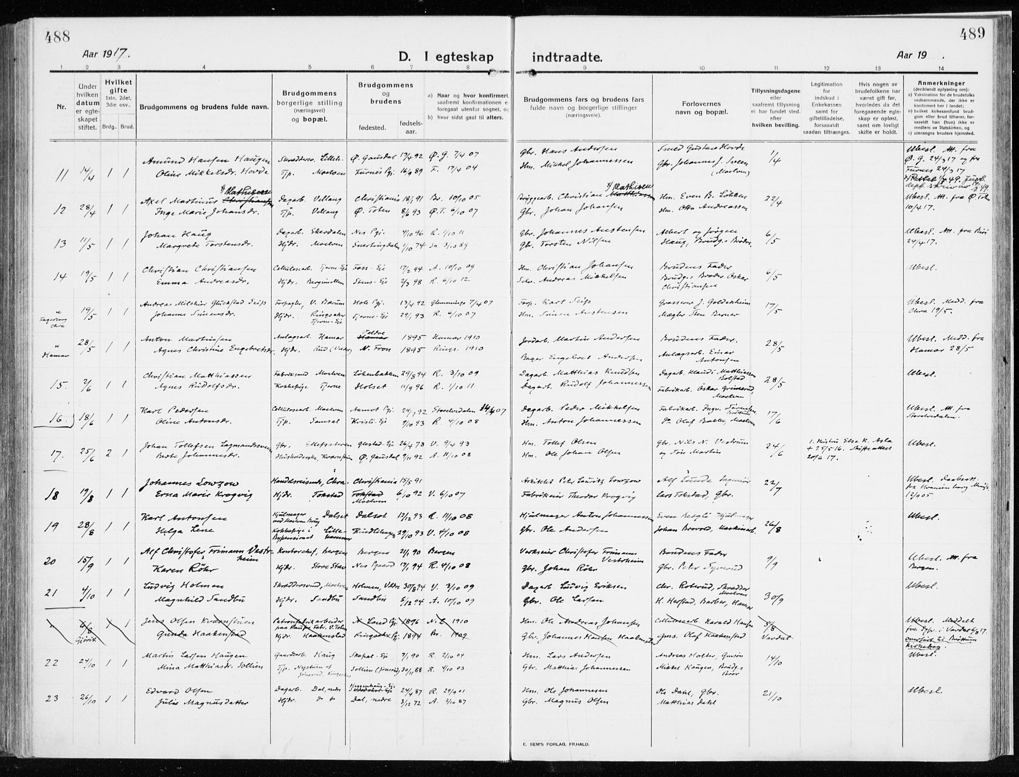 Ringsaker prestekontor, AV/SAH-PREST-014/K/Ka/L0020: Parish register (official) no. 20, 1913-1922, p. 488-489