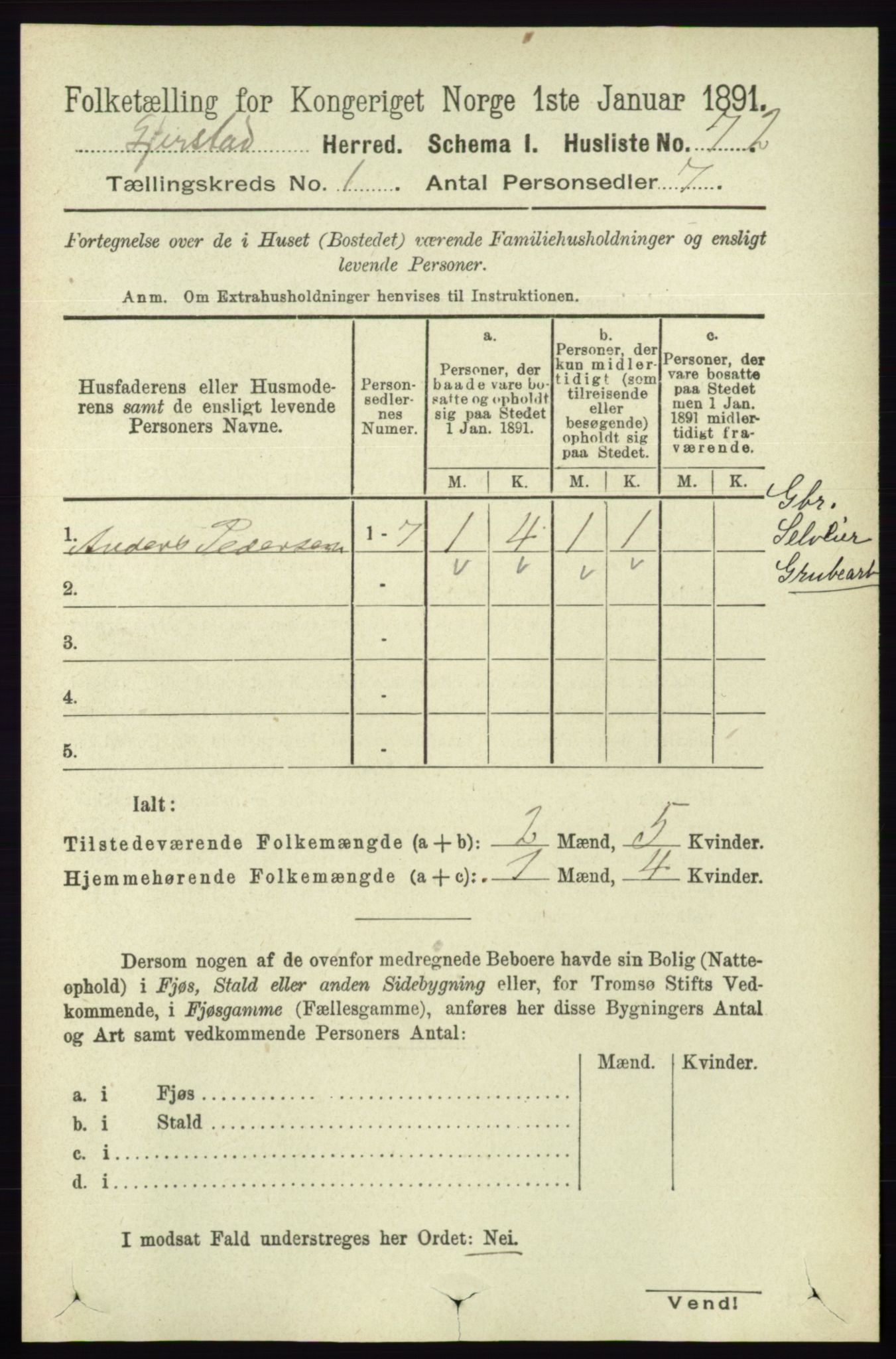 RA, 1891 census for 0911 Gjerstad, 1891, p. 93