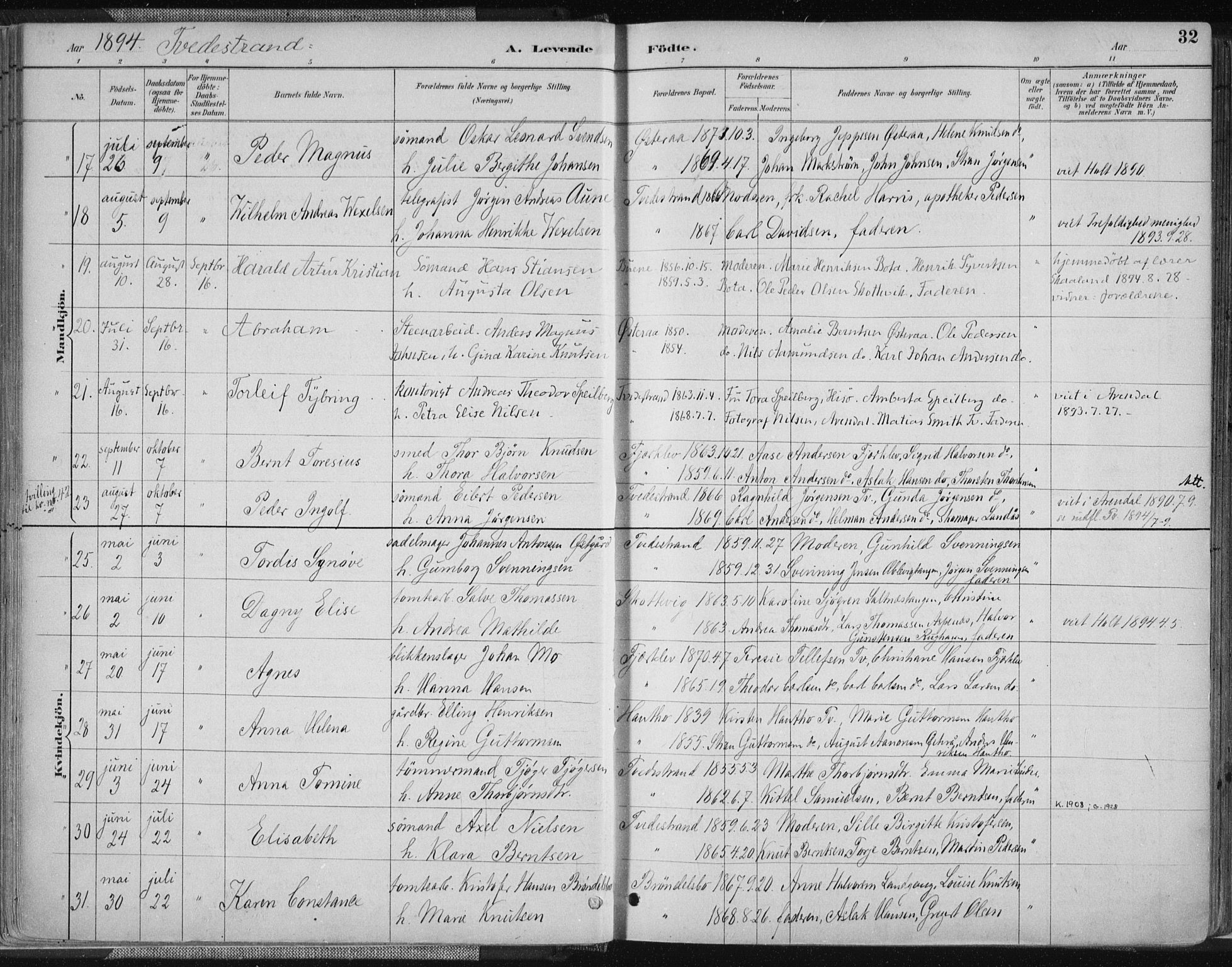 Tvedestrand sokneprestkontor, SAK/1111-0042/F/Fa/L0001: Parish register (official) no. A 1, 1885-1916, p. 32