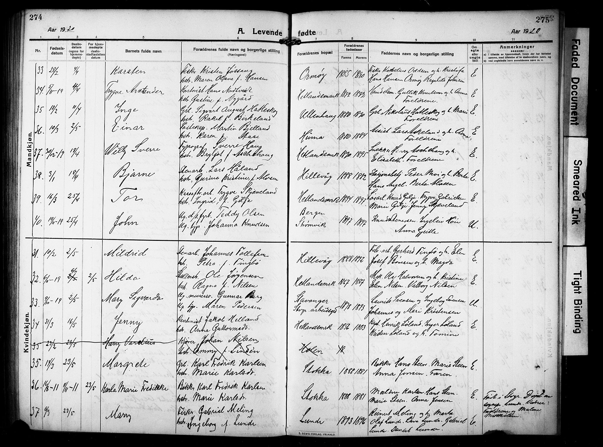 Hetland sokneprestkontor, SAST/A-101826/30/30BB/L0008: Parish register (copy) no. B 8, 1910-1921, p. 274-275